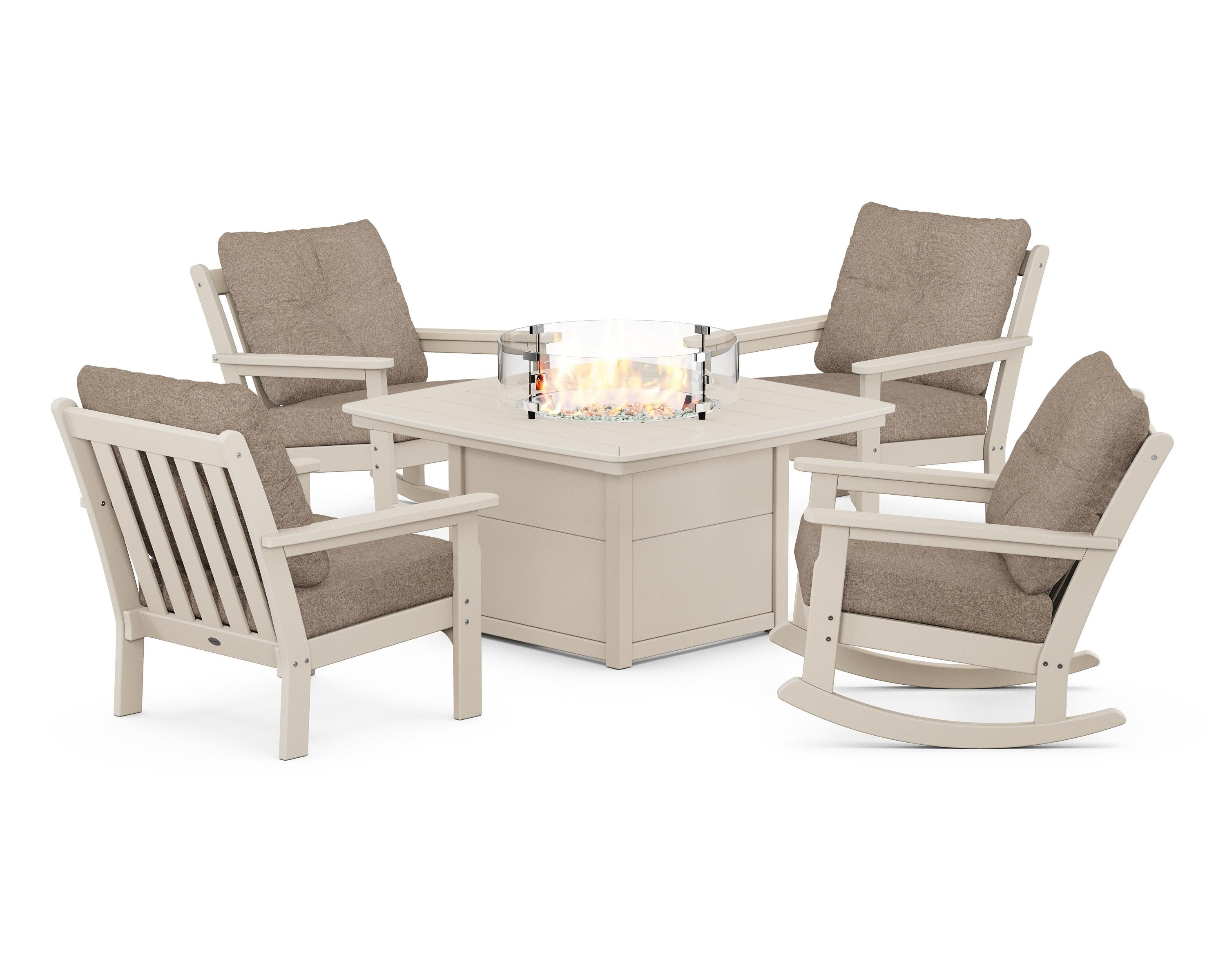 POLYWOOD® Vineyard 5-Piece Deep Seating Rocking Chair Conversation Set with Fire Pit Table in Sand / Spiced Burlap