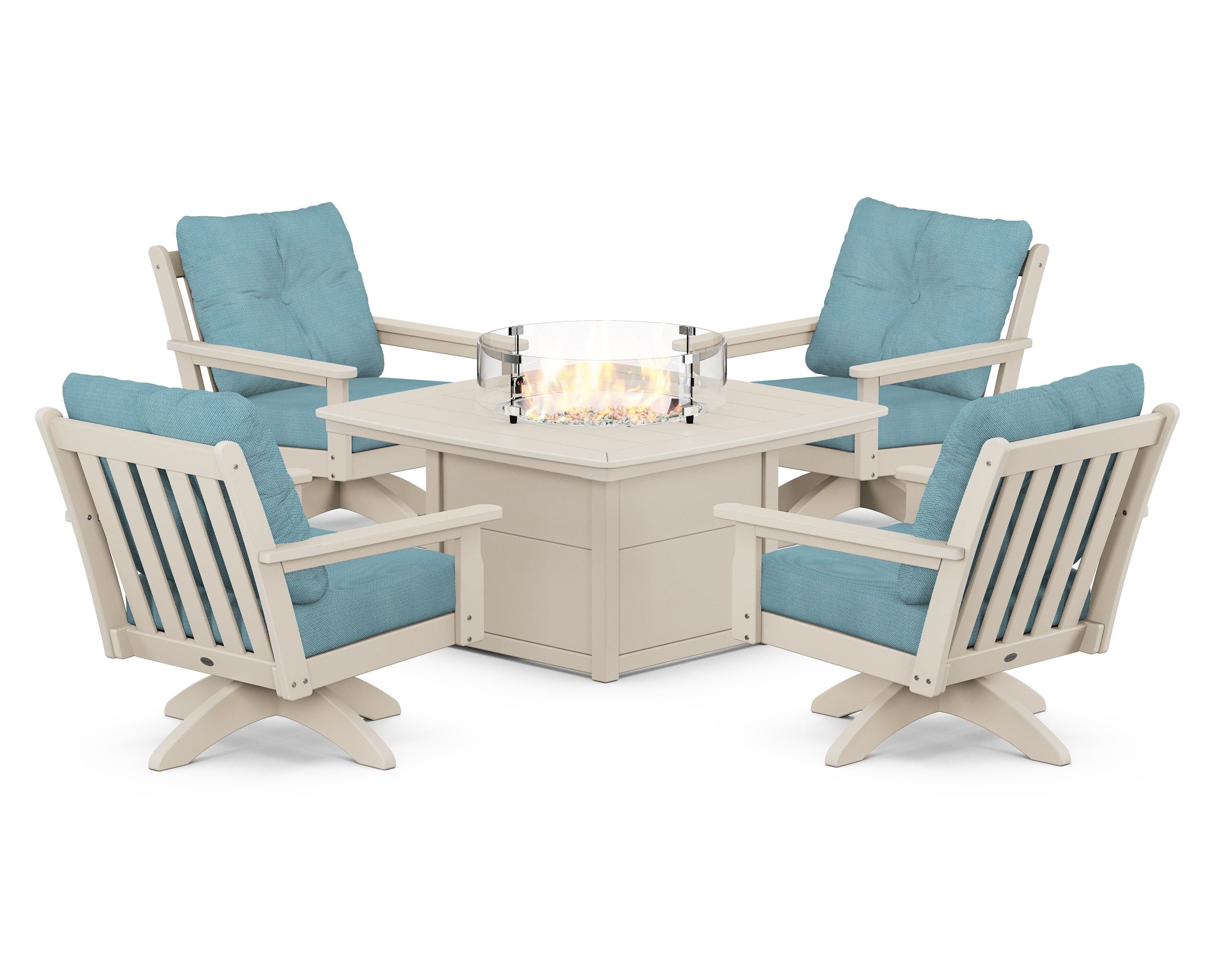 POLYWOOD® Vineyard 5-Piece Deep Seating Swivel Conversation Set with Fire Pit Table in Sand / Lattice Sky Blue