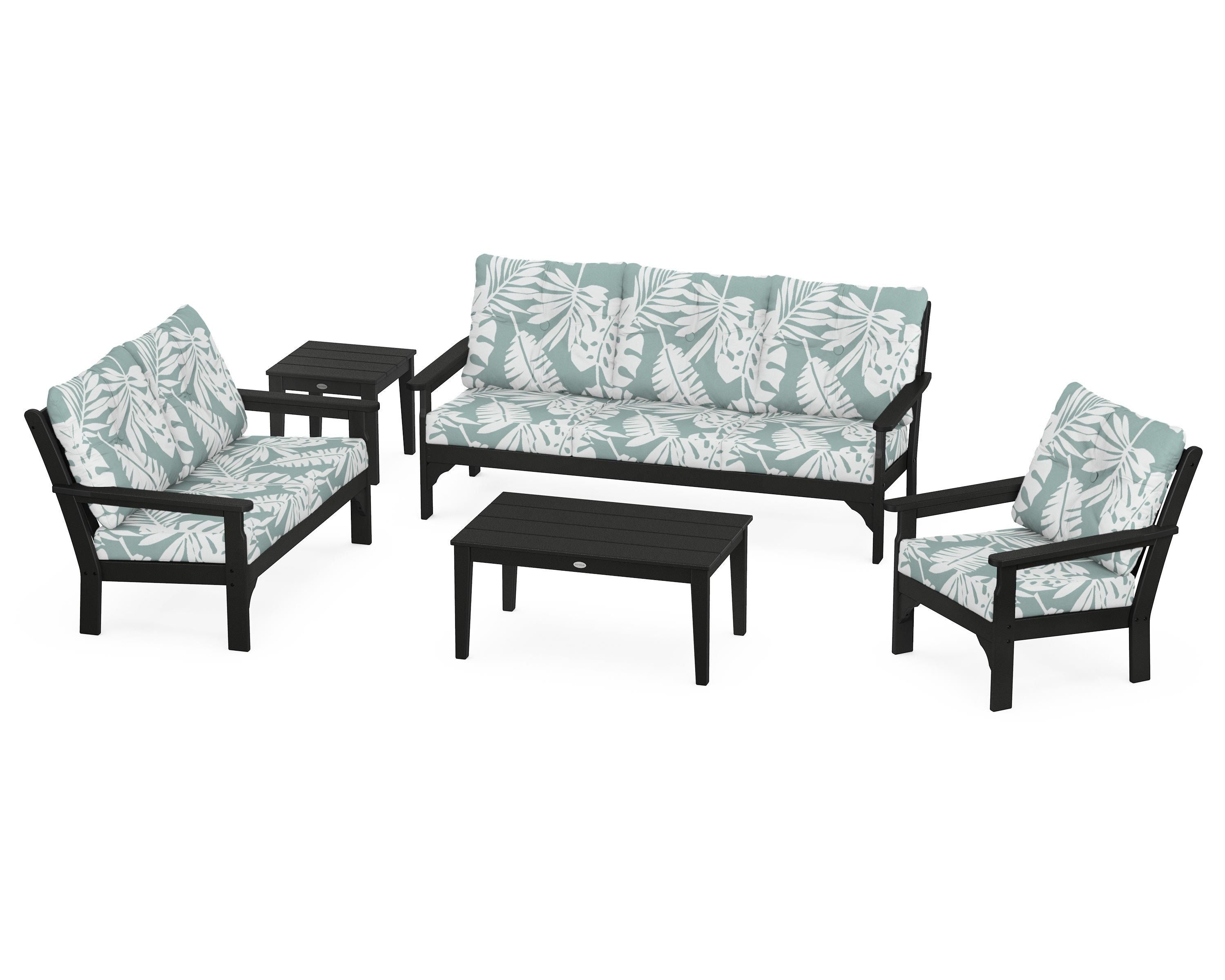 POLYWOOD® Vineyard 5 Piece Deep Seating Set in Black / Leaf Glacier Spa