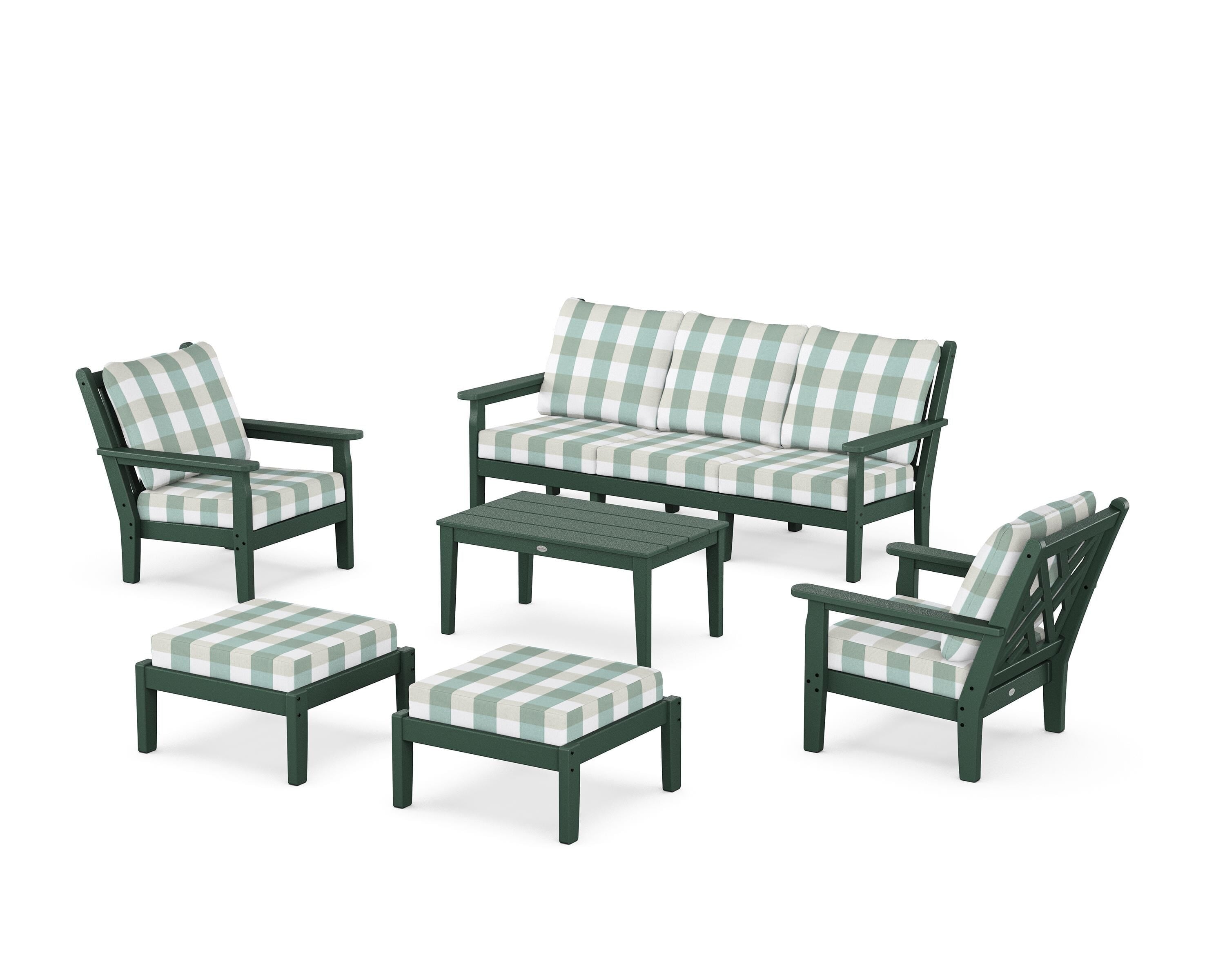 POLYWOOD® Chippendale 6-Piece Lounge Sofa Set in Green / Buffalo Plaid Glacier Spa