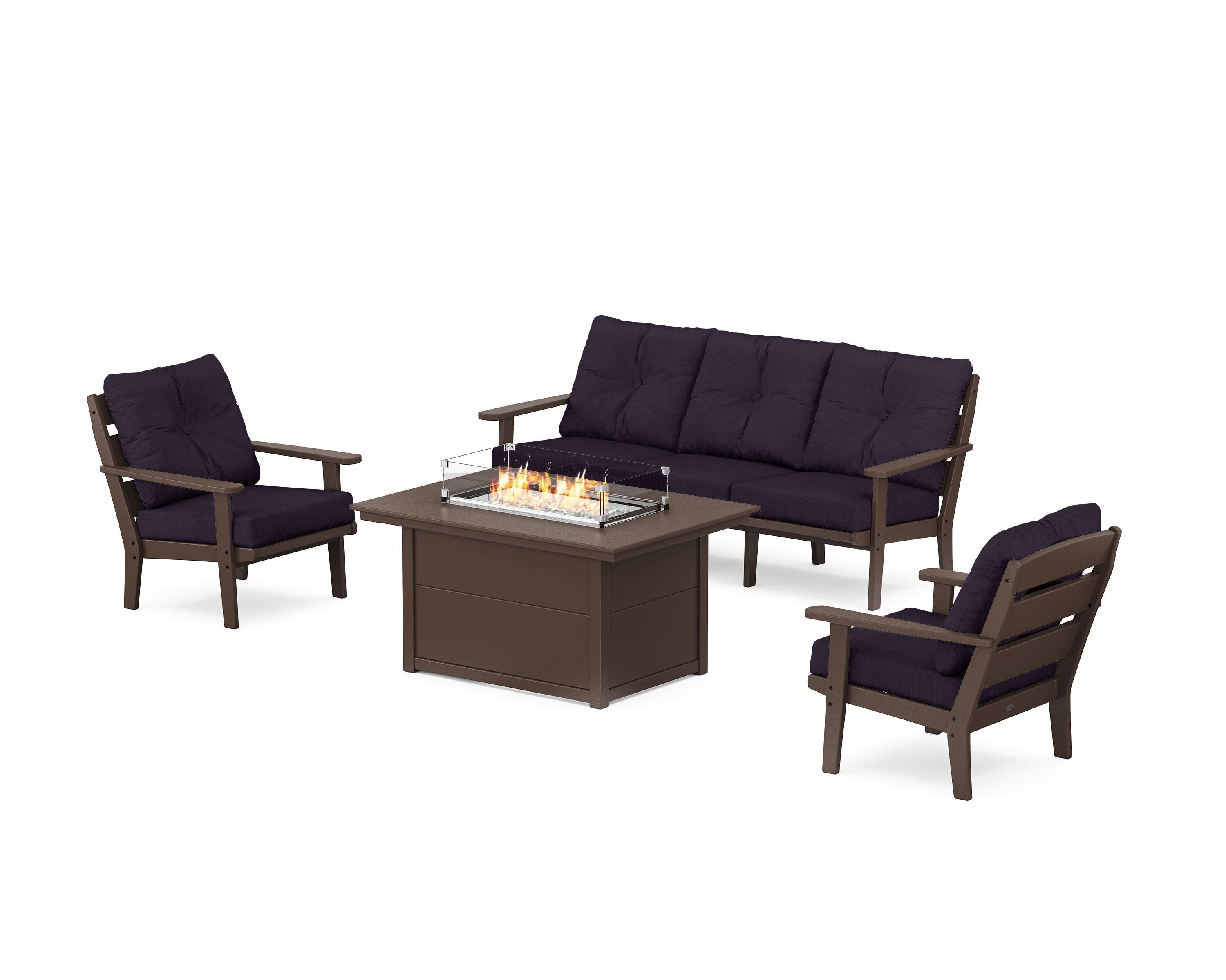 POLYWOOD® Lakeside Deep Seating Fire Pit Table Set in Mahogany / Navy Linen