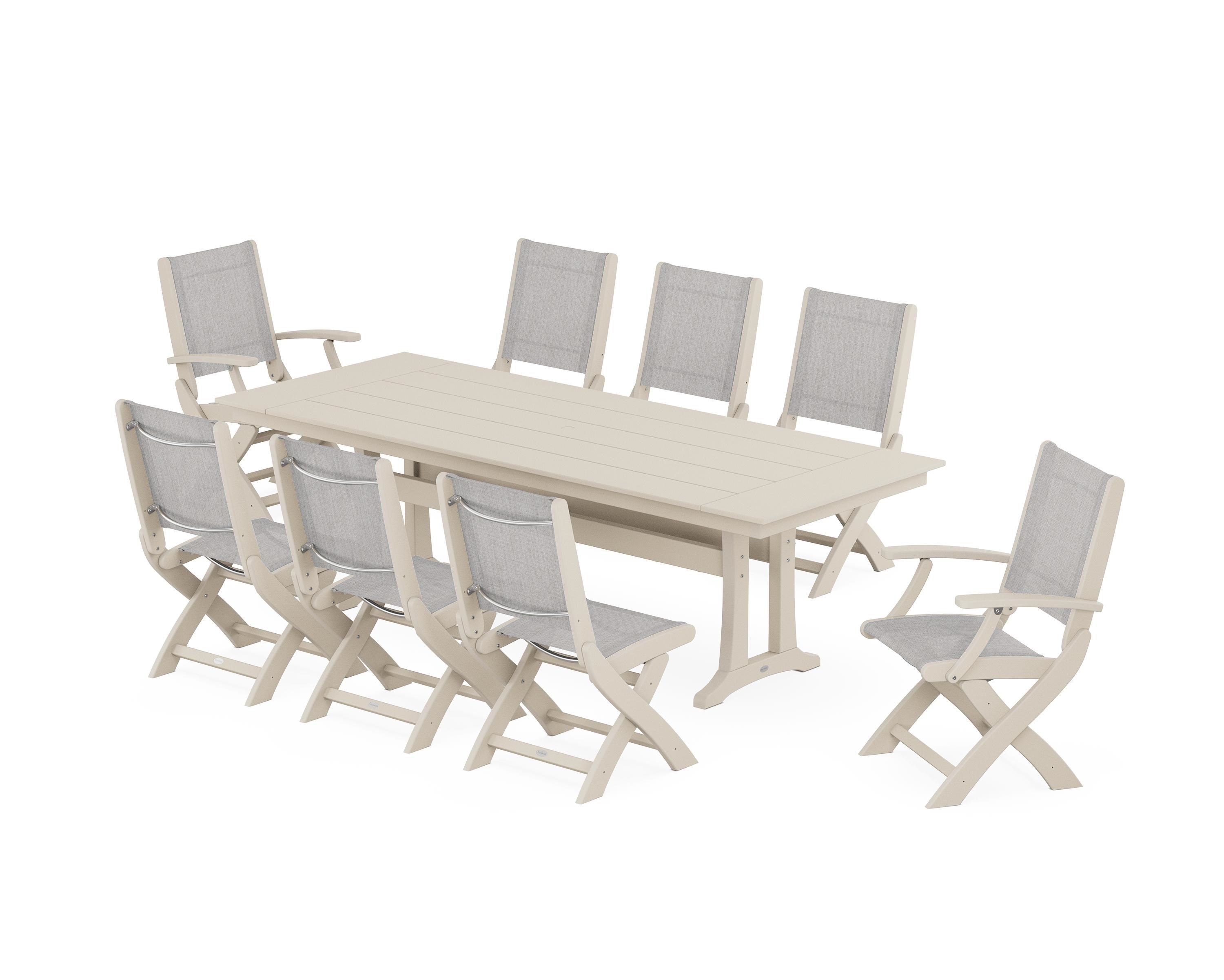POLYWOOD® Coastal 9-Piece Folding Dining Chair Farmhouse Dining Set with Trestle Legs in Sand / Parchment Sling
