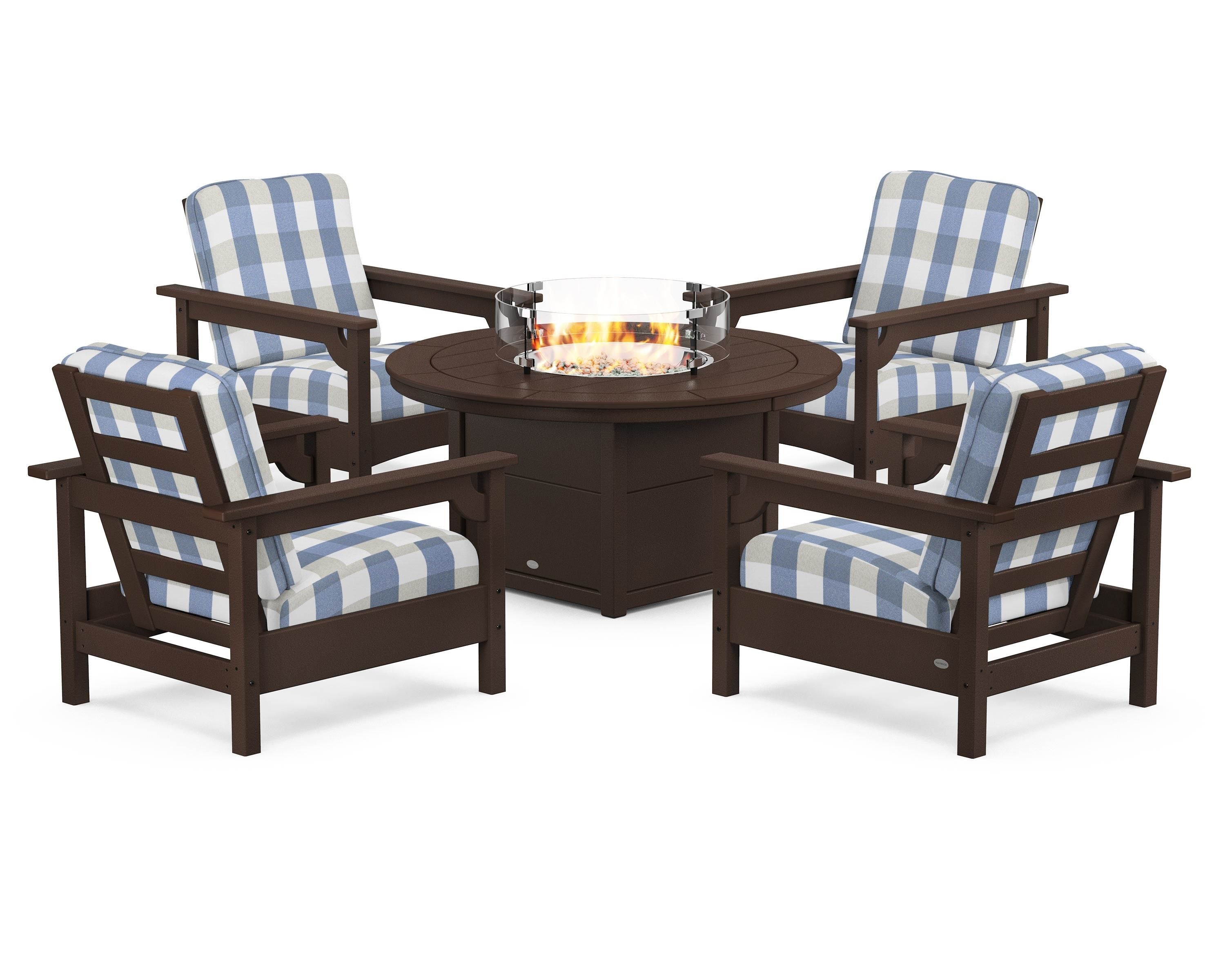 POLYWOOD® Club 5-Piece Conversation Set with Fire Pit Table in Mahogany / Buffalo Plaid Sky Blue