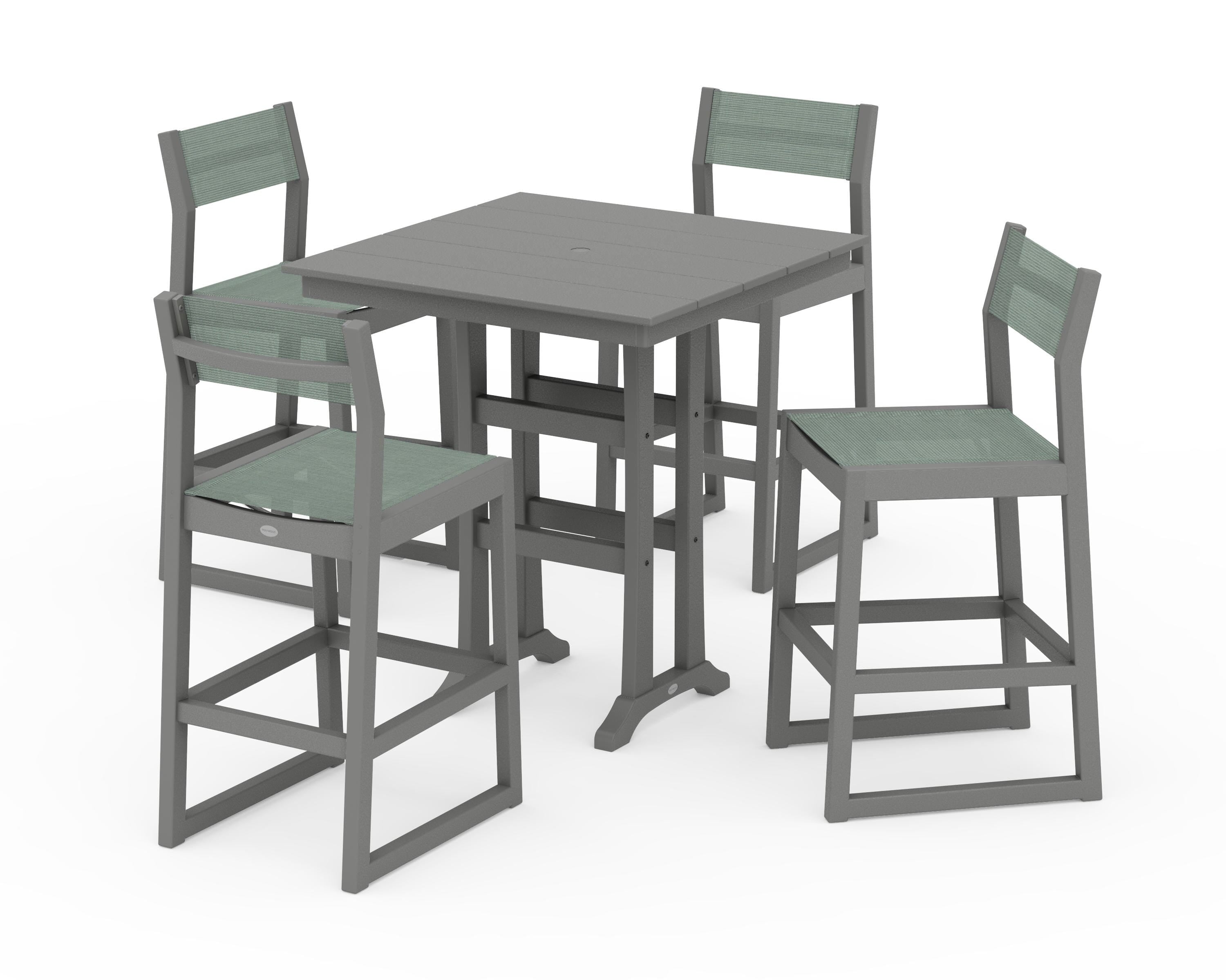 POLYWOOD® EDGE Sling Arm Chair 5-Piece Farmhouse Bar Set with Trestle Legs in Slate Grey / Dupioni Sea Mist Sling