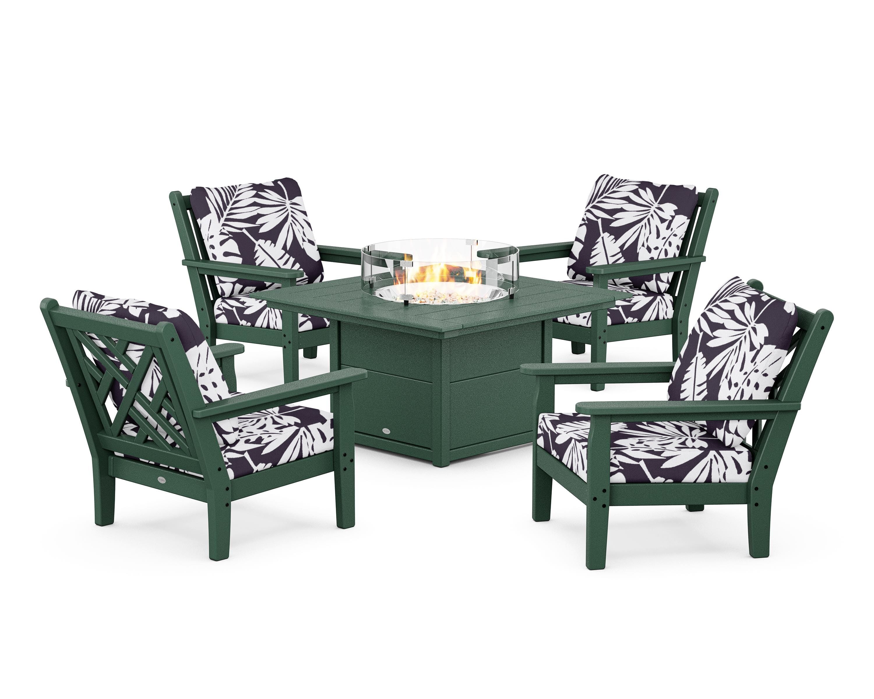 POLYWOOD® Chippendale 5-Piece Deep Seating Set with Fire Pit Table in Green / Leaf Navy