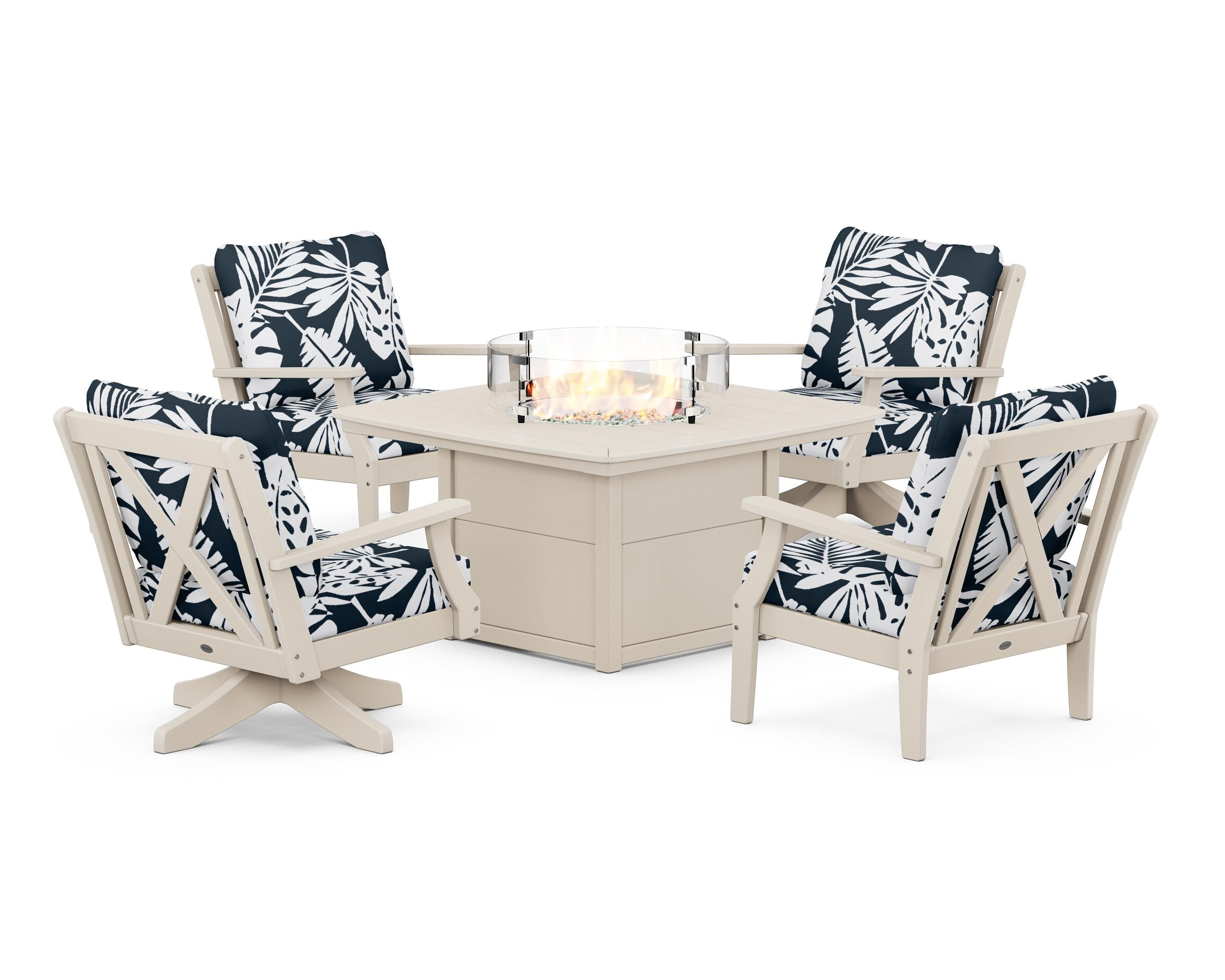 POLYWOOD® Braxton 5-Piece Deep Seating Set with Fire Table in Sand / Leaf Marine Indigo