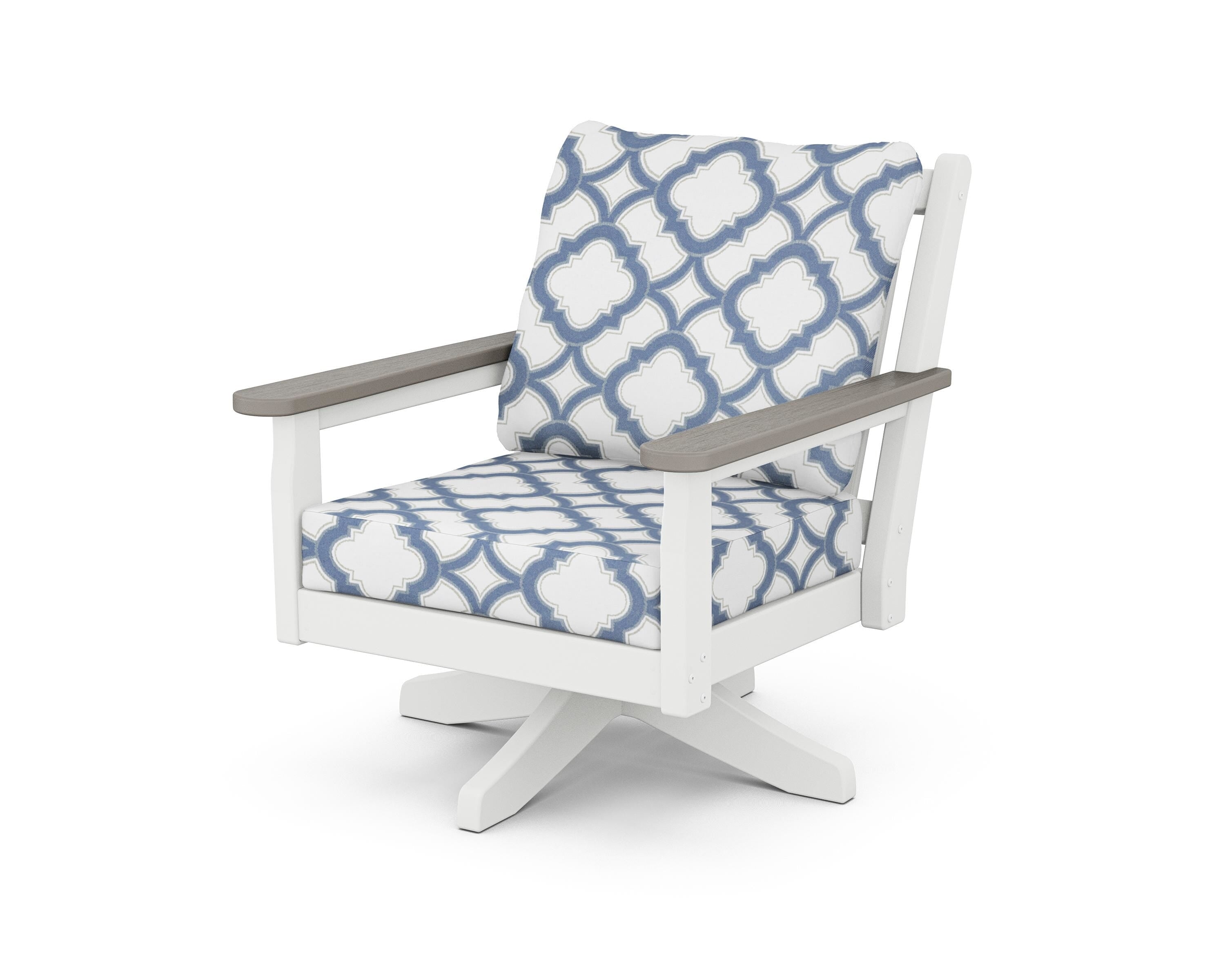 POLYWOOD® Chippendale Deep Seating Swivel Chair in White / Driftwood / Trellis Sky Blue