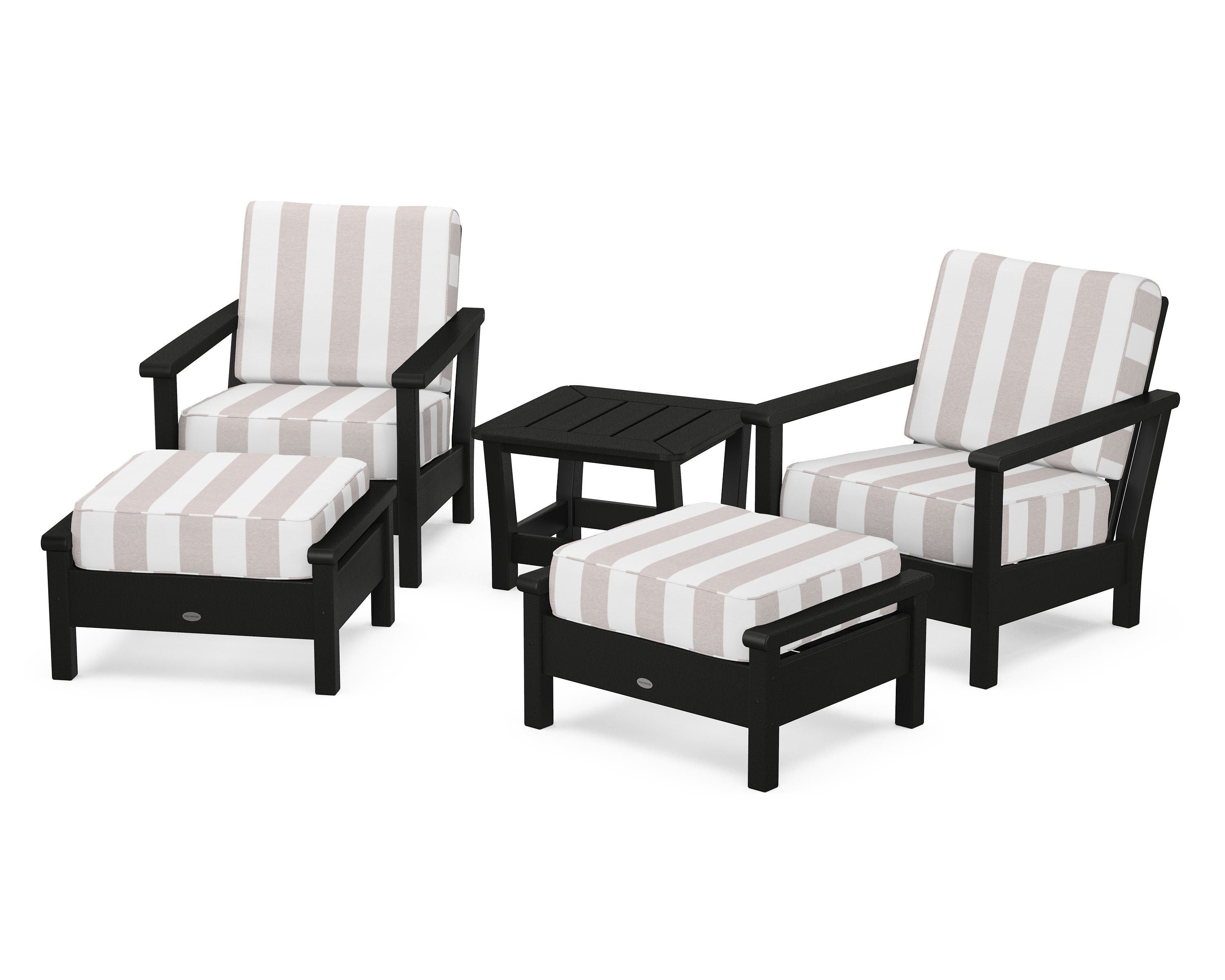 POLYWOOD® Harbour 5-Piece Deep Seating Chair Set in Black / Cabana Stripe Dune Burlap