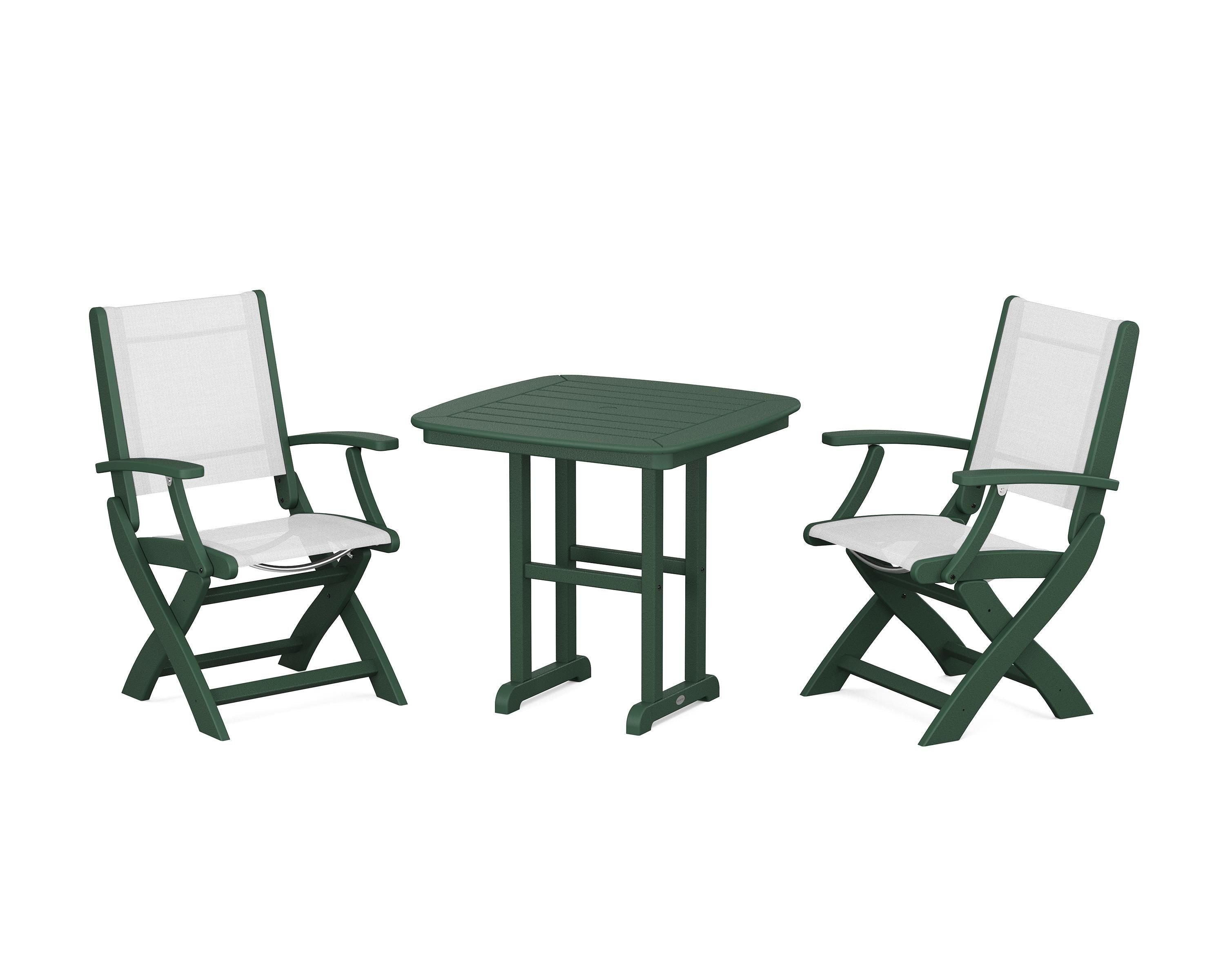POLYWOOD® Coastal Folding Chair 3-Piece Dining Set in Green / White Sling