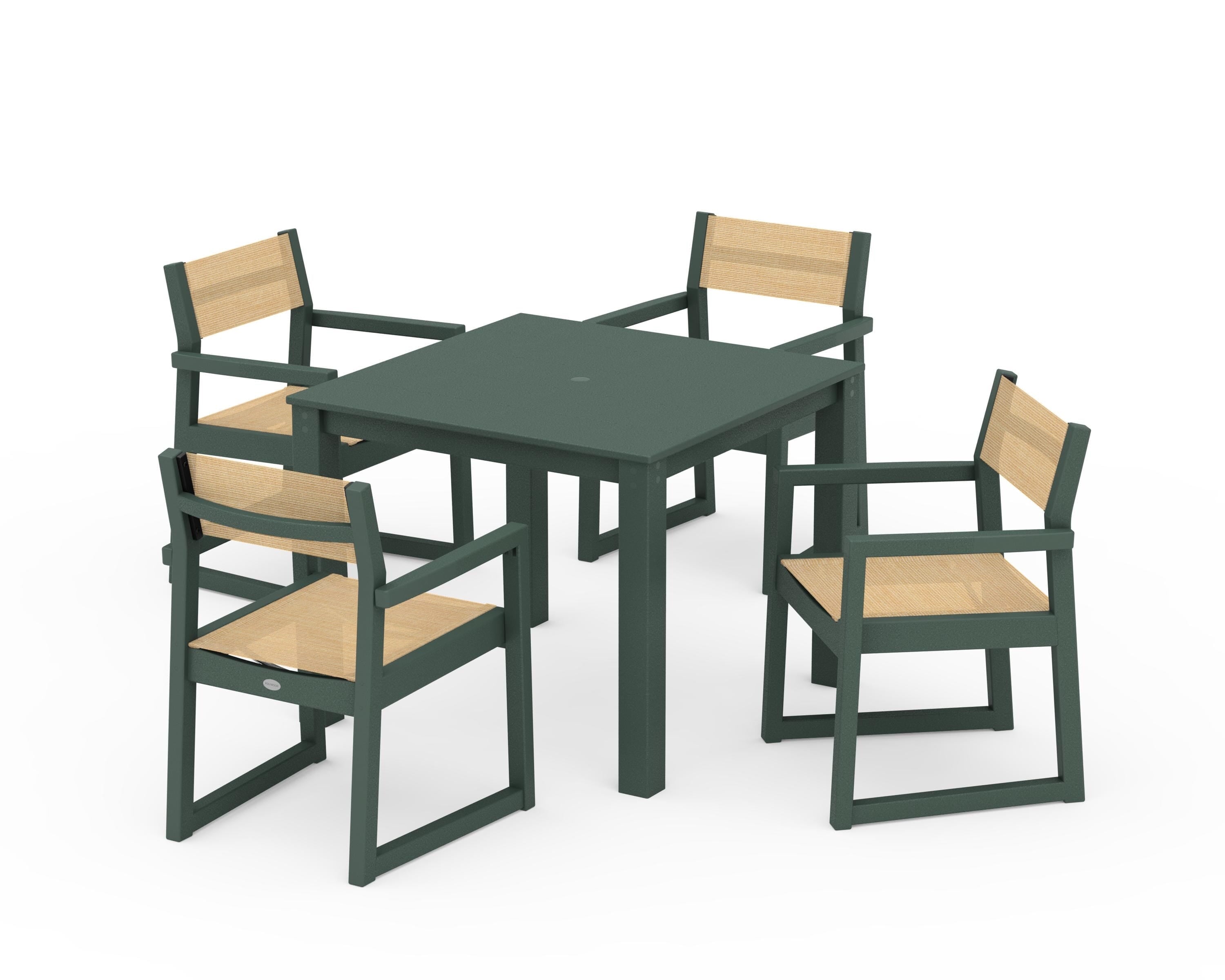 POLYWOOD® EDGE Sling Arm Chair 5-Piece Parsons Dining Set in Green / Dupioni Apricot Sling