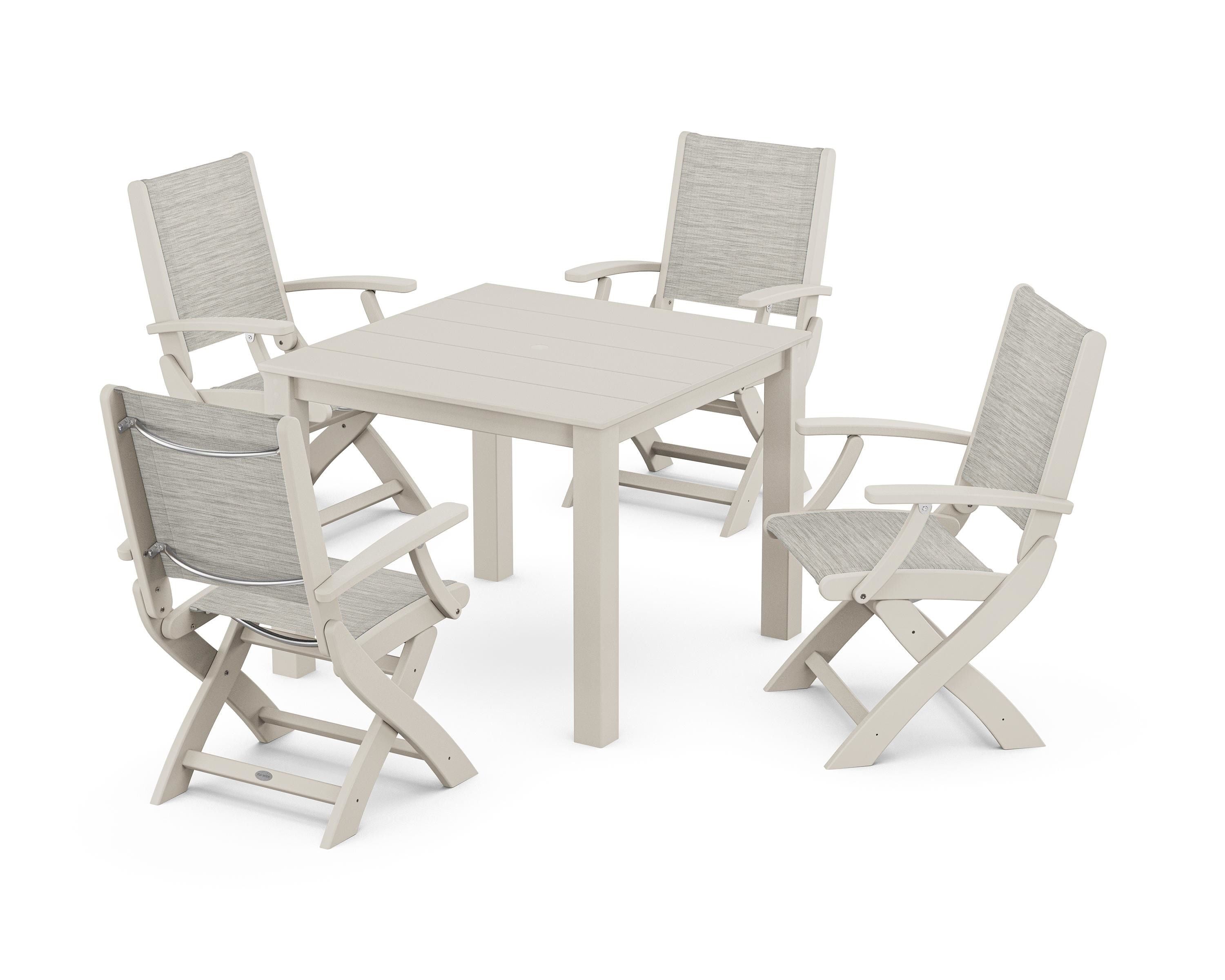 POLYWOOD® Coastal Folding Chair 5-Piece Parsons Dining Set in Sand / Birch Sling