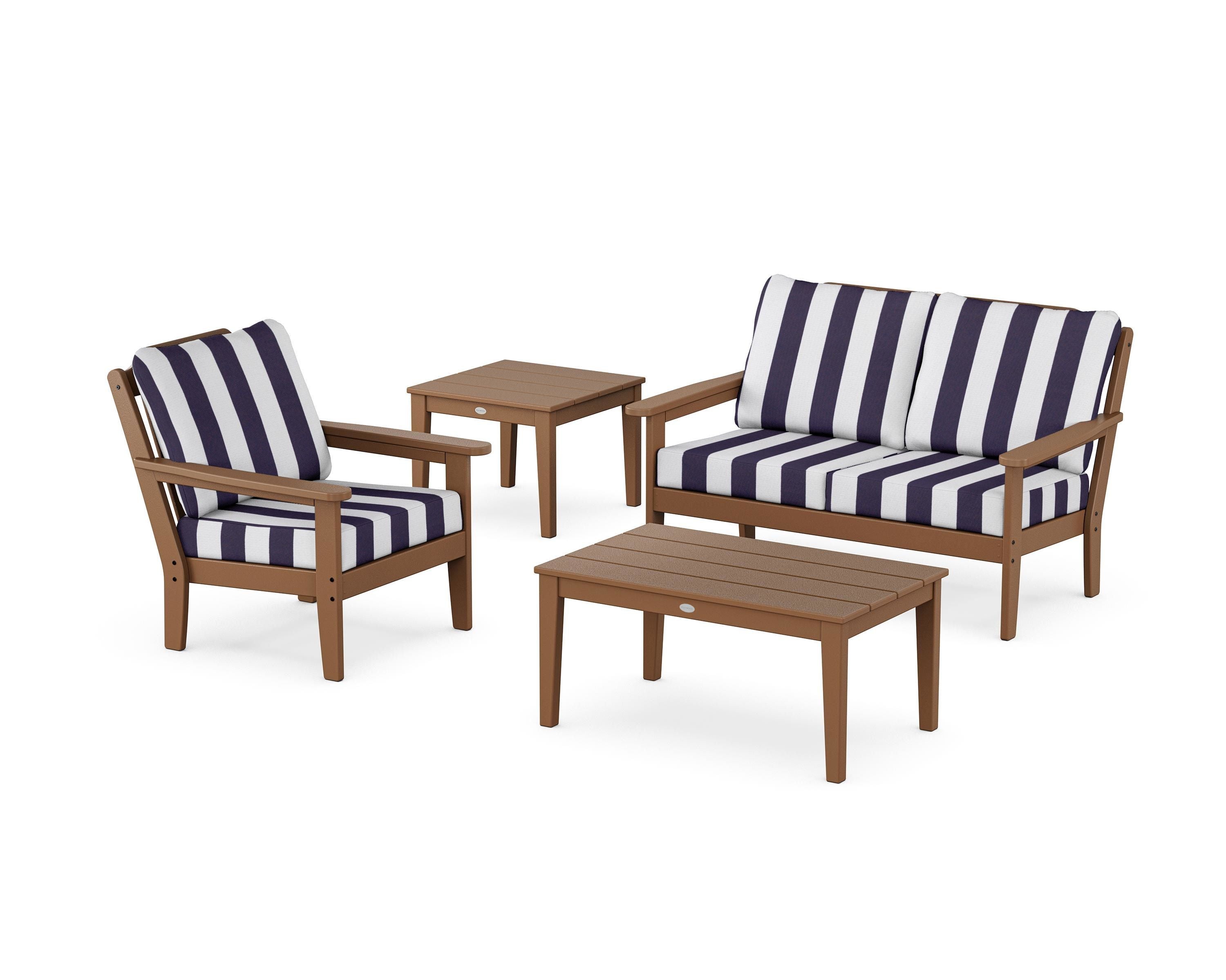 Country Living Wovendale 4-Piece Deep Seating Set in Teak / Cabana Stripe Navy