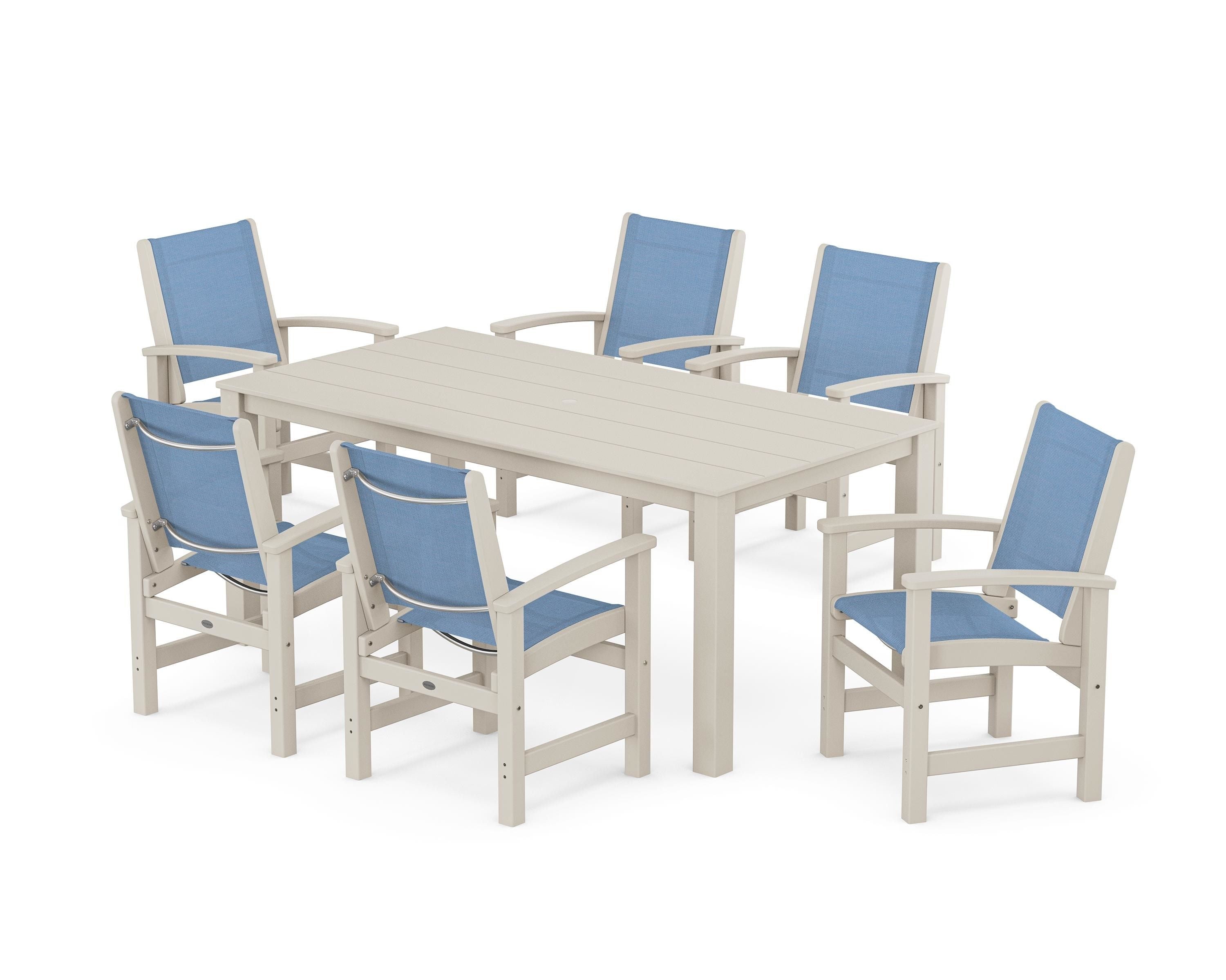POLYWOOD® Coastal 7-Piece Parsons Dining Set in Sand / Poolside Sling