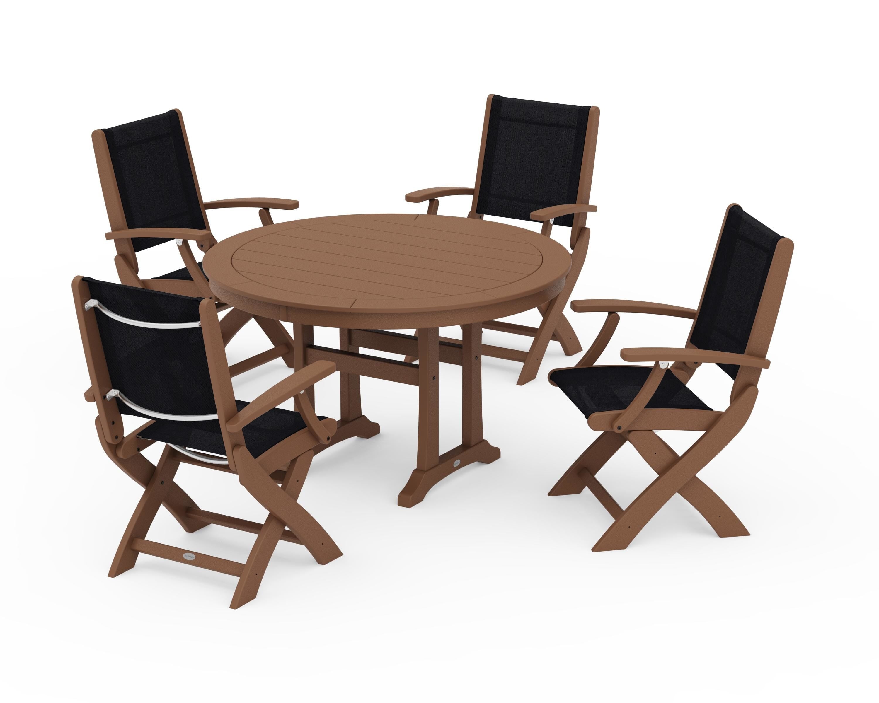 POLYWOOD® Coastal Folding Chair 5-Piece Round Dining Set with Trestle Legs in Teak / Black Sling