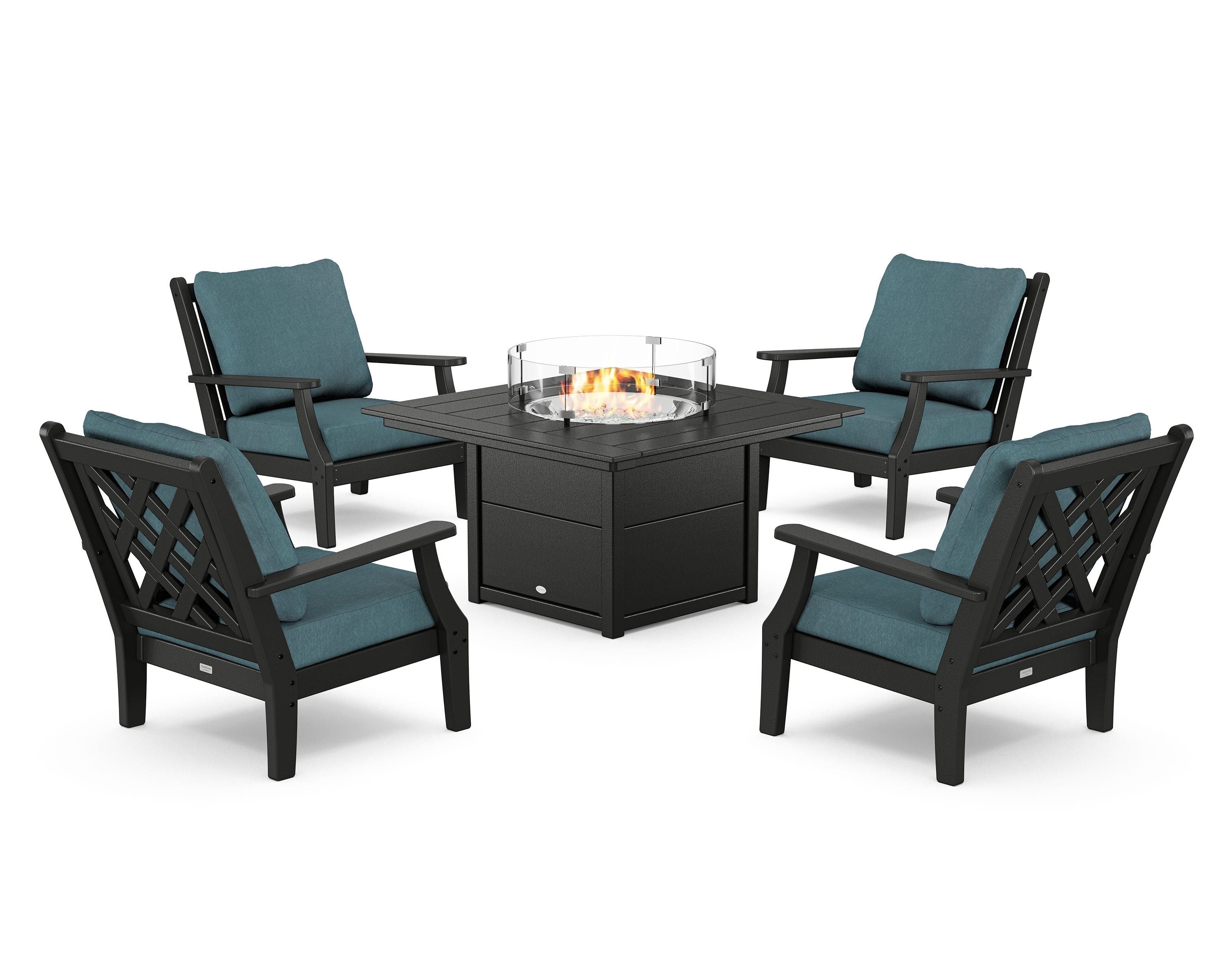 Country Living Wovendale 5-Piece Deep Seating Set with Fire Pit Table in Black / Ocean Teal