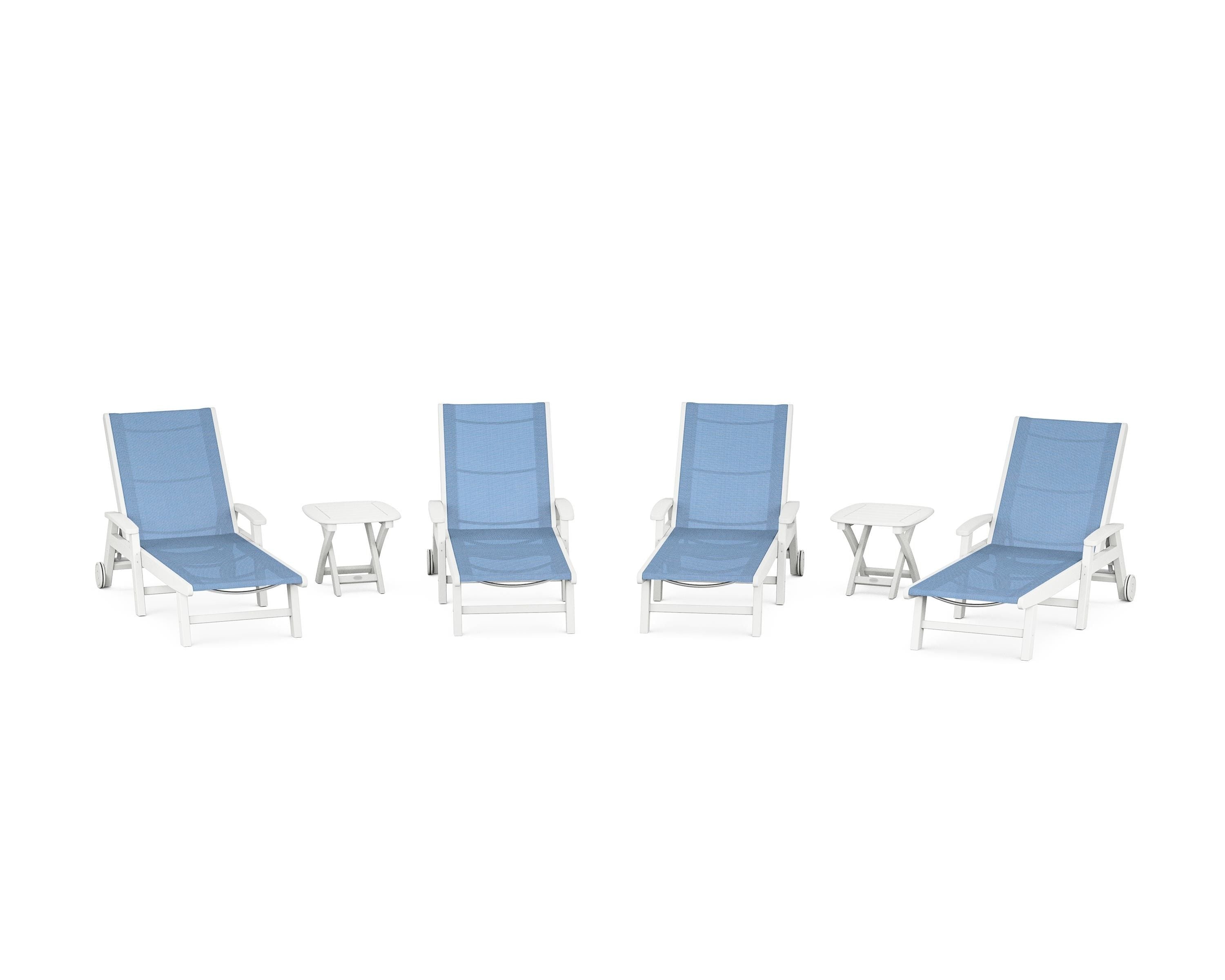 POLYWOOD® Coastal Chaise 6-Piece Set with Wheels in White / Poolside Sling