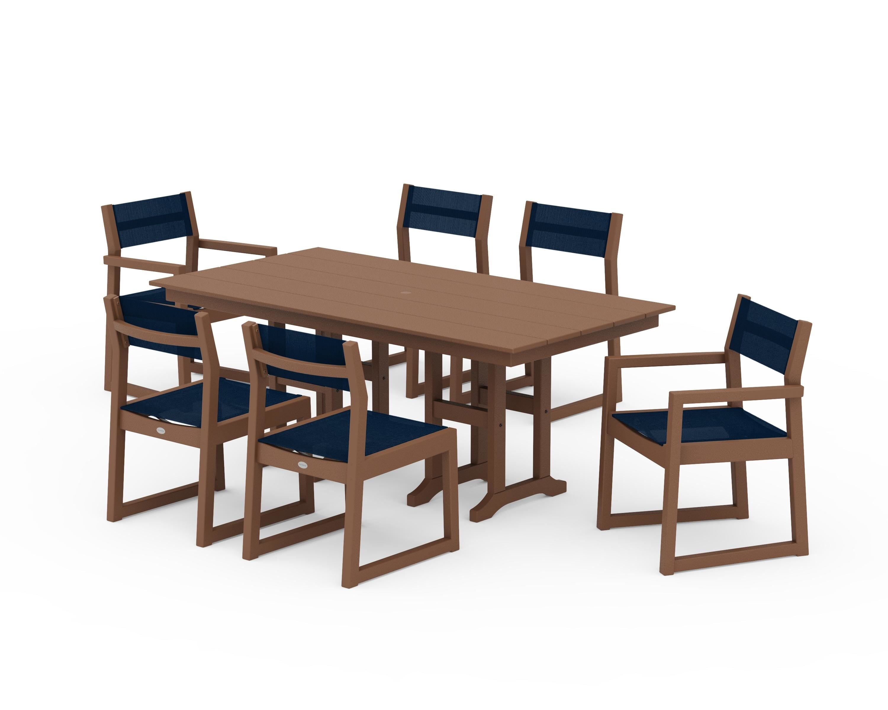 POLYWOOD® EDGE Sling 7-Piece Farmhouse Dining Set in Teak / Navy Blue Sling