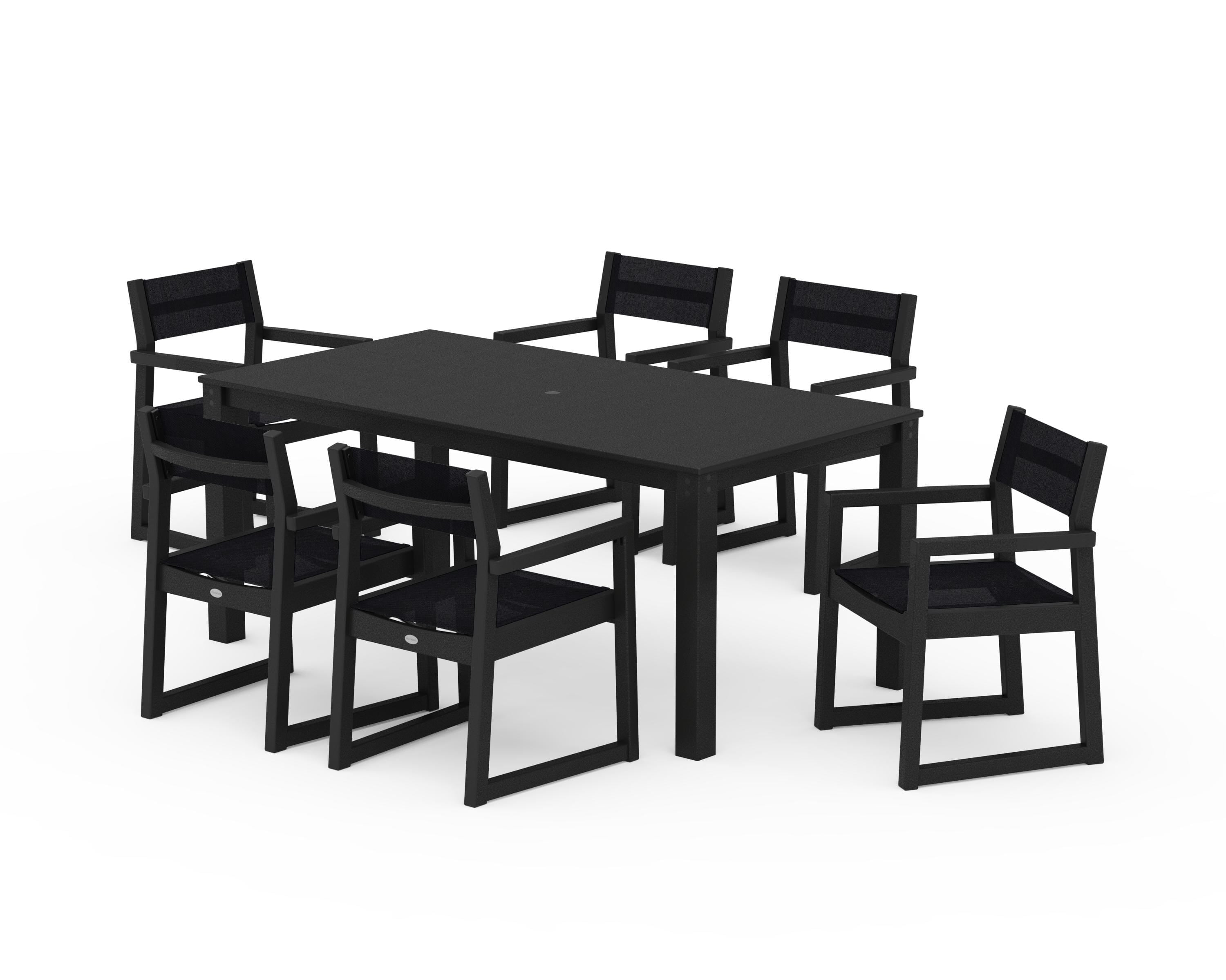 POLYWOOD® EDGE Sling Arm Chair 7-Piece Parsons Dining Set in Black / Black Sling