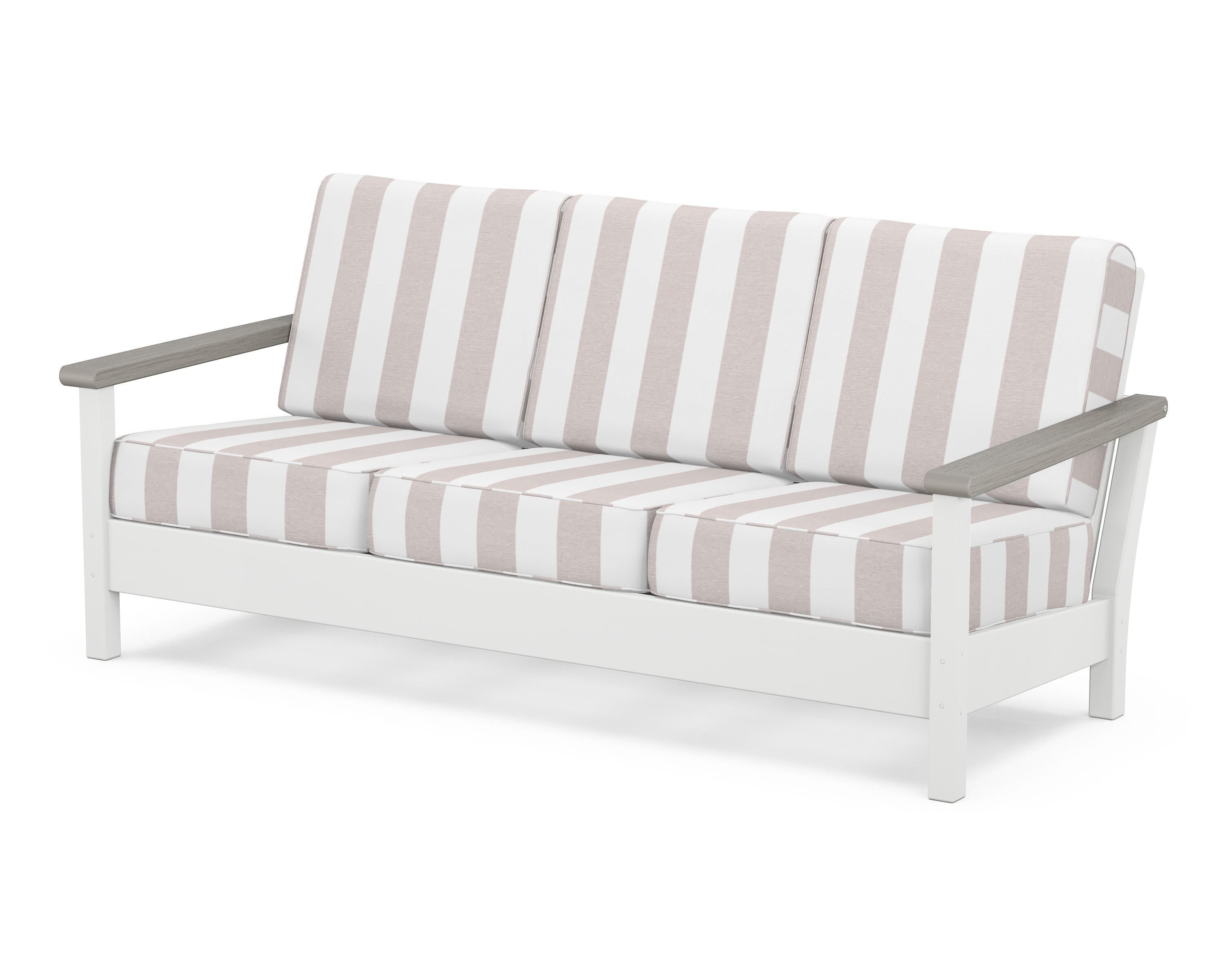 POLYWOOD® Harbour Deep Seating Sofa in White / Driftwood / Cabana Stripe Dune Burlap