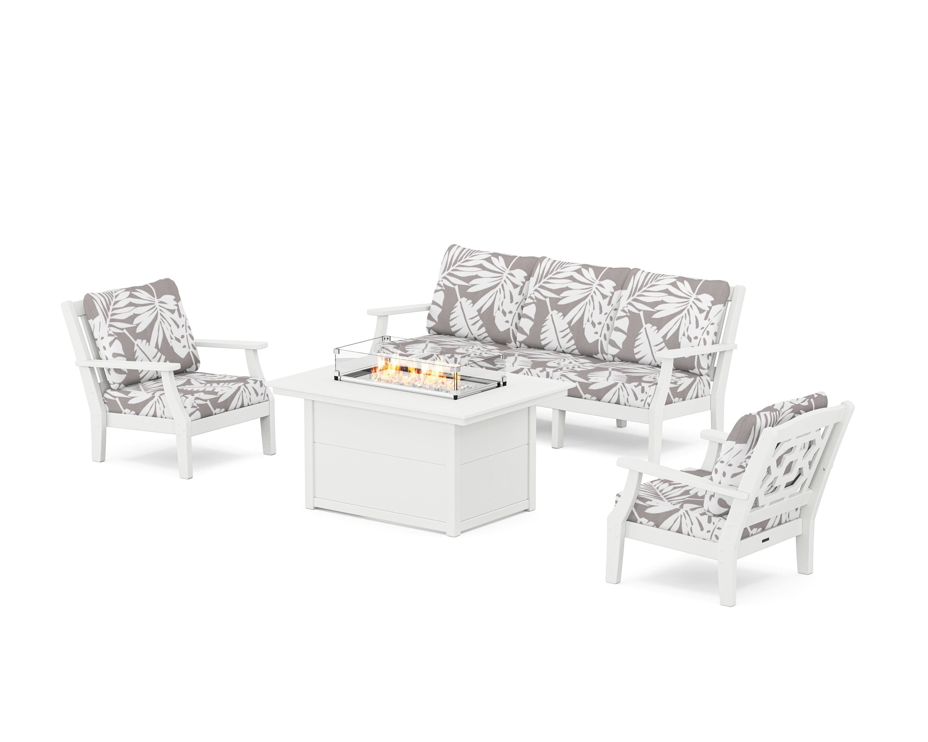 Martha Stewart by POLYWOOD® Chinoiserie Deep Seating Fire Pit Table Set in White / Leaf Grey Mist