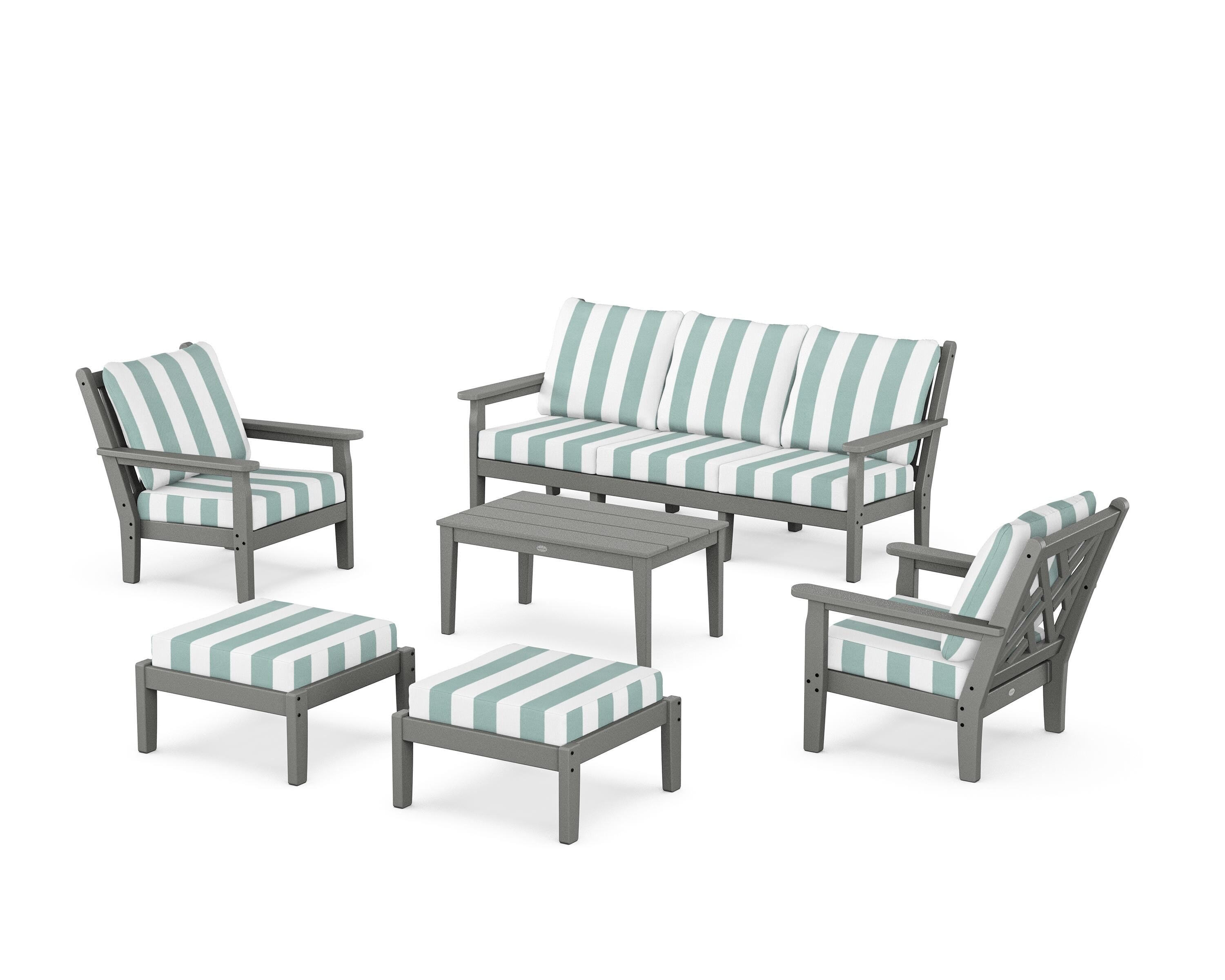 POLYWOOD® Chippendale 6-Piece Lounge Sofa Set in Slate Grey / Cabana Stripe Glacier Spa