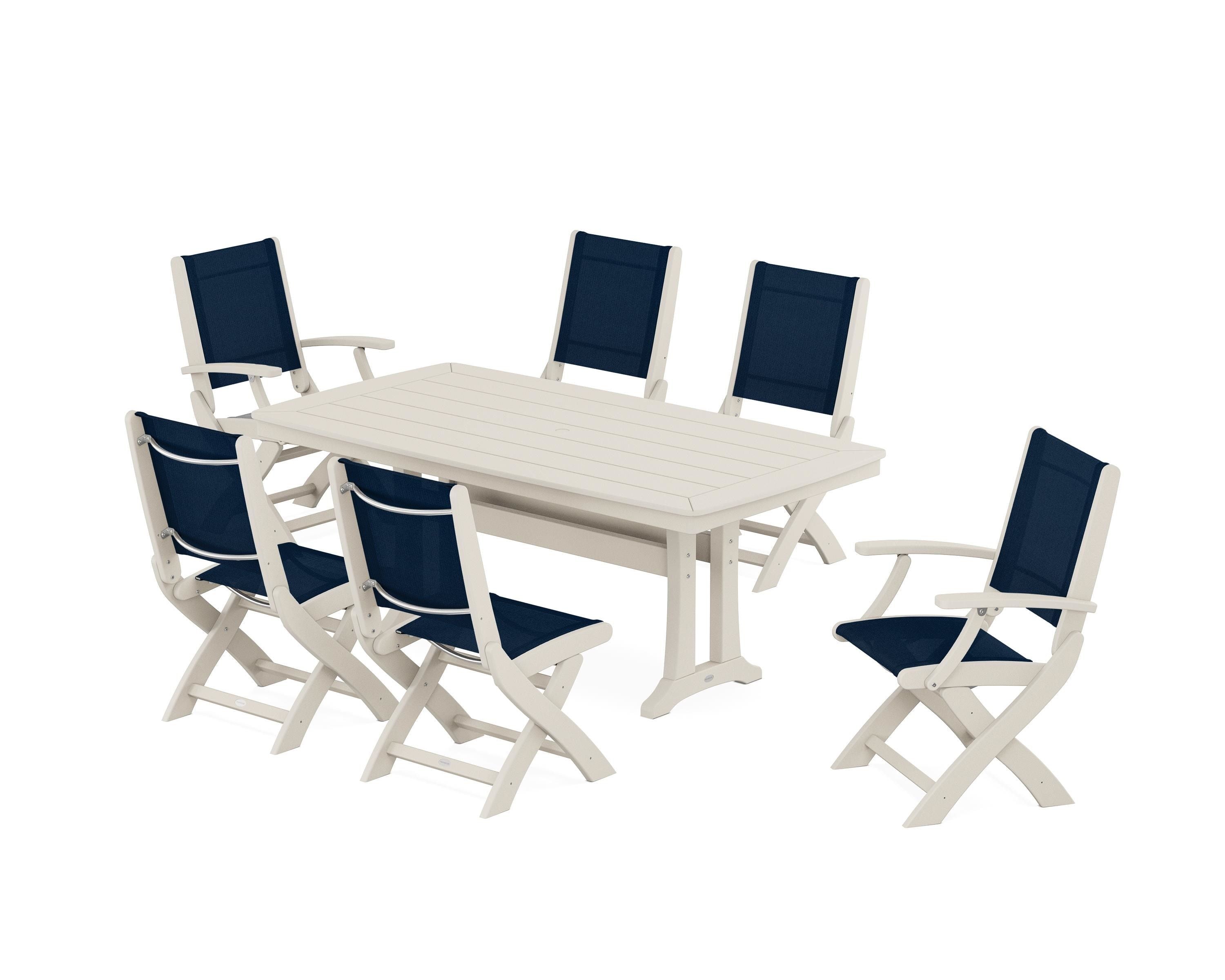 POLYWOOD® Coastal Folding Chair 7-Piece Dining Set with Trestle Legs in Sand / Navy Blue Sling