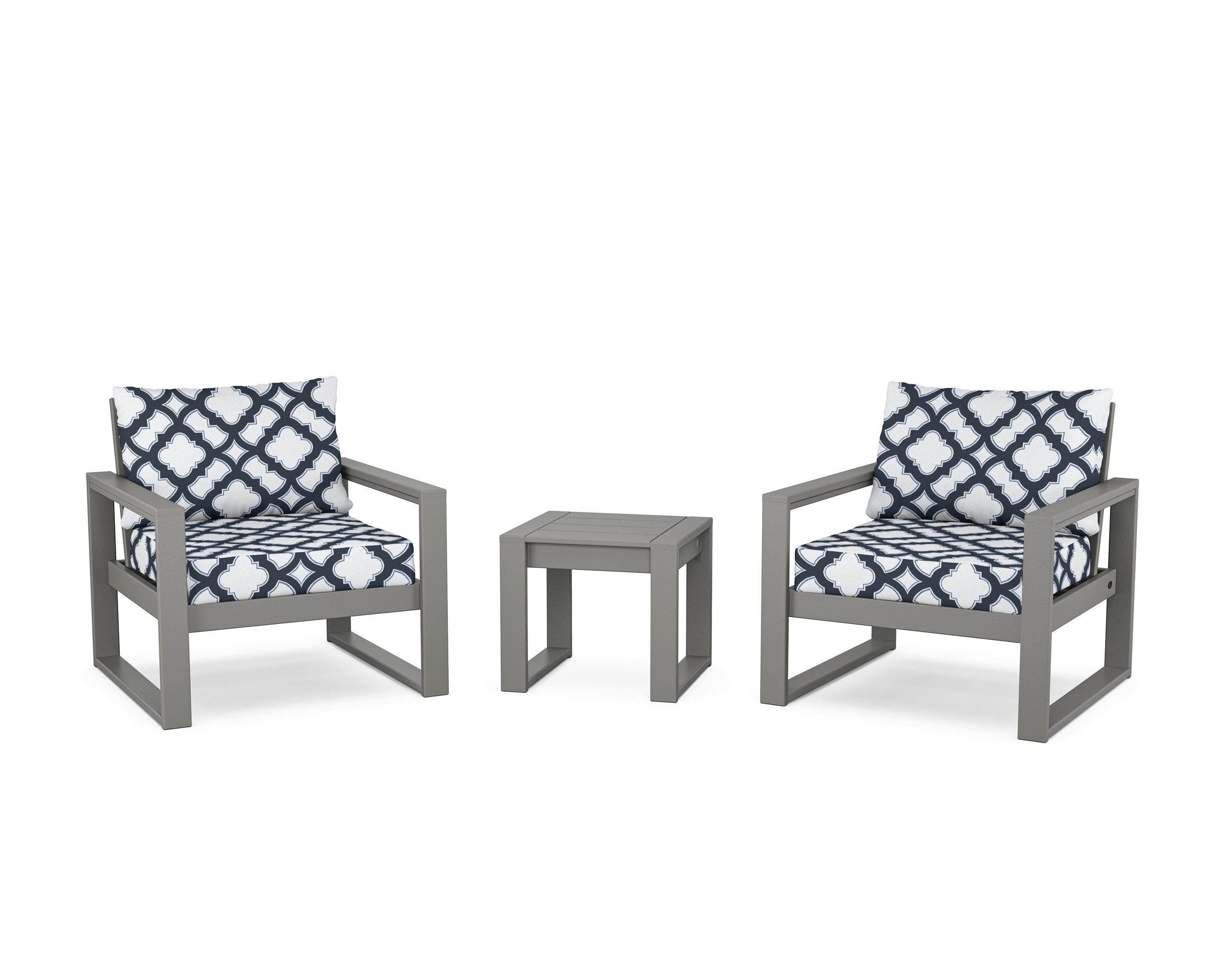 POLYWOOD® EDGE Sectional 3-Piece Deep Seating Set in Slate Grey / Trellis Marine Indigo