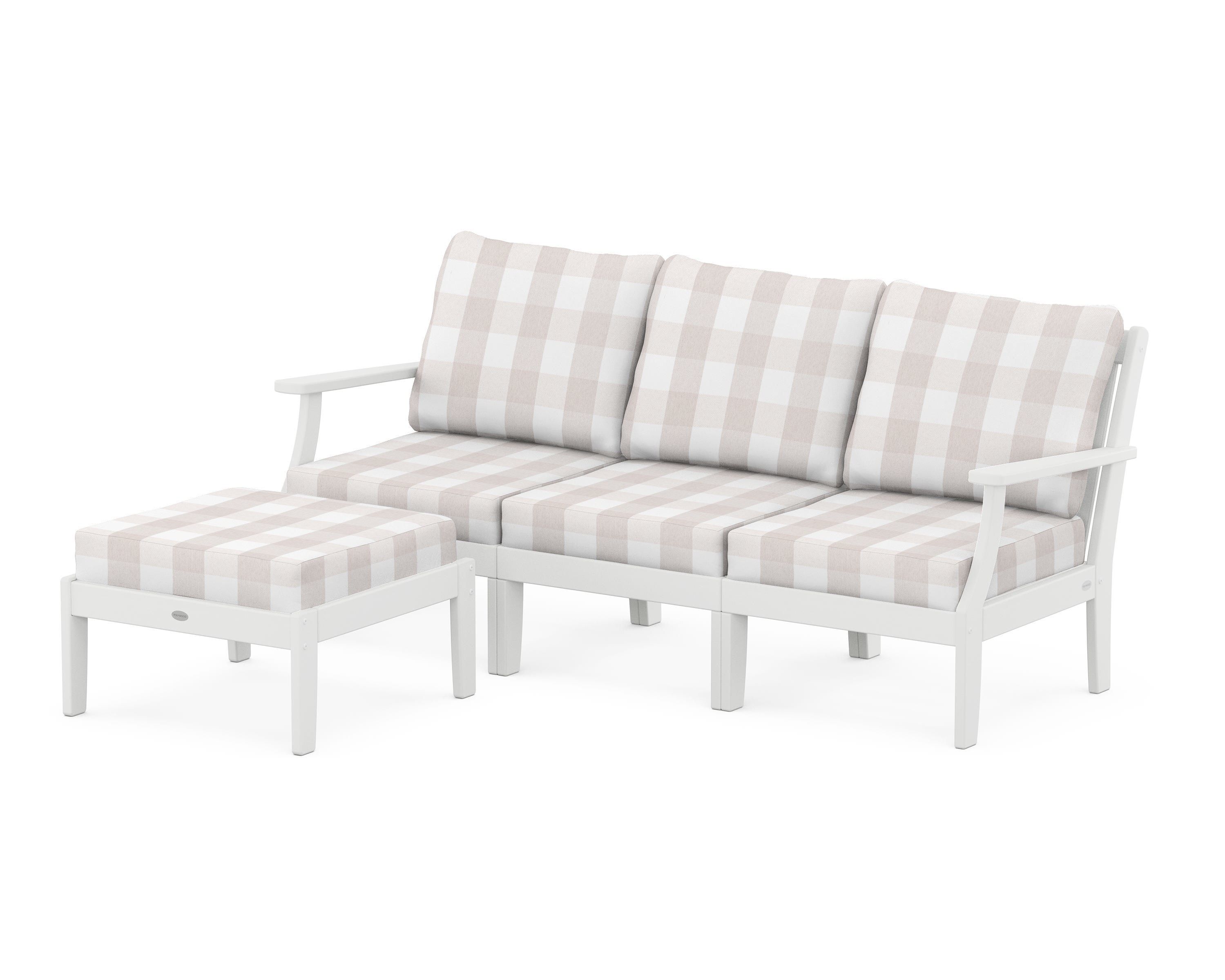 POLYWOOD® Braxton Modular 4-Piece Deep Seating Set with Ottoman in White / Buffalo Plaid Dune Burlap