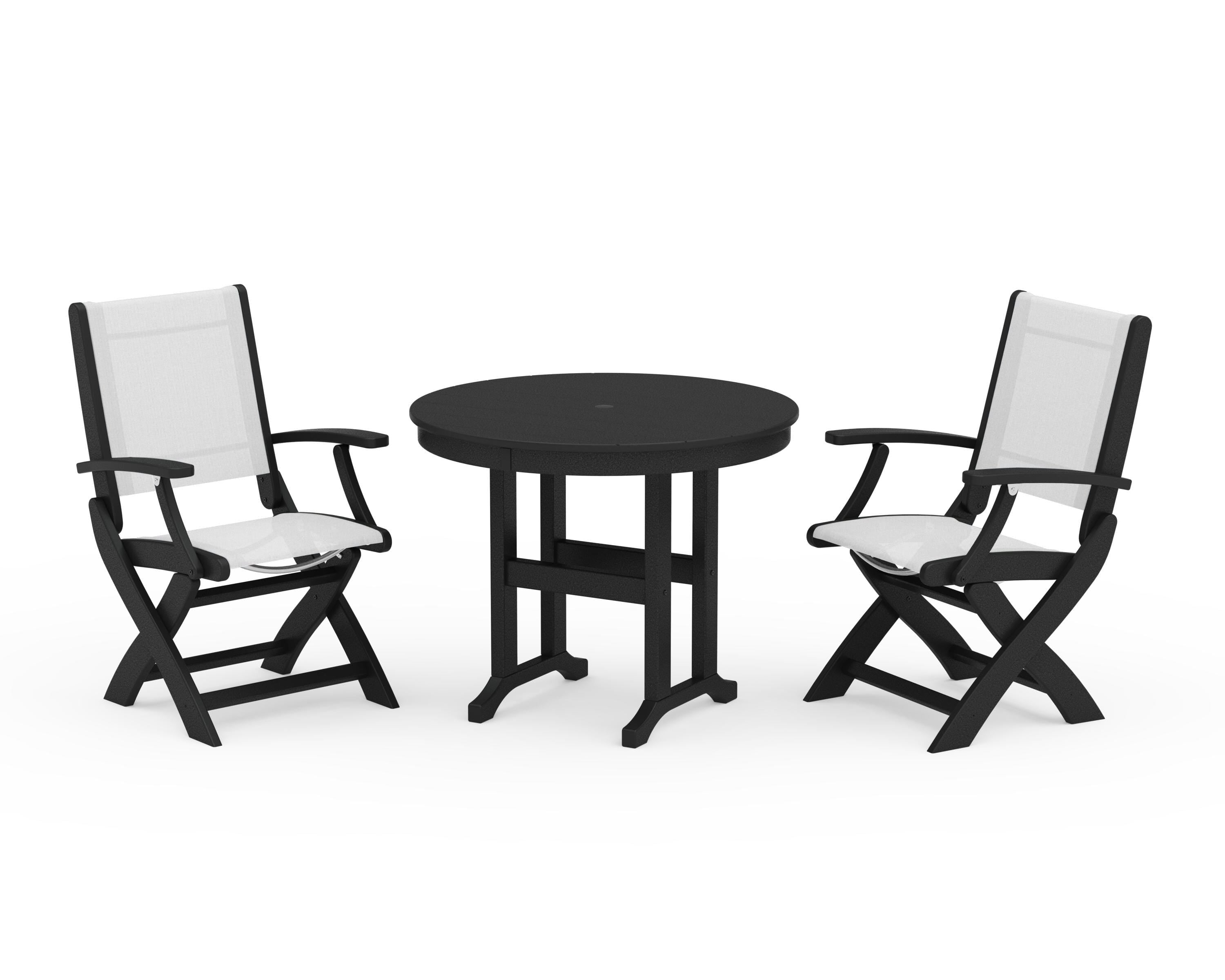 POLYWOOD® Coastal Folding Chair 3-Piece Round Dining Set in Black / White Sling