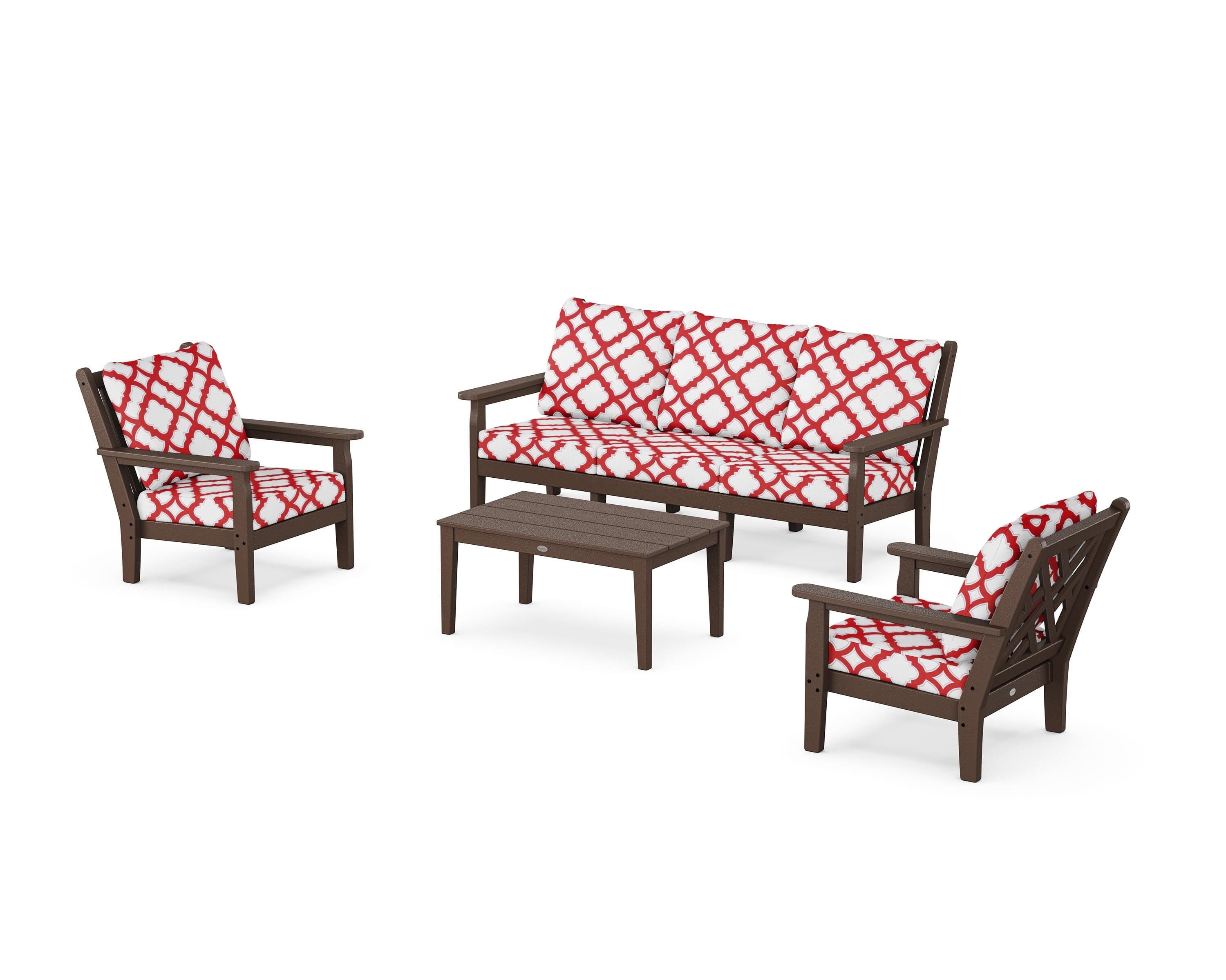 POLYWOOD® Chippendale 4-Piece Deep Seating Set with Sofa in Mahogany / Trellis Crimson