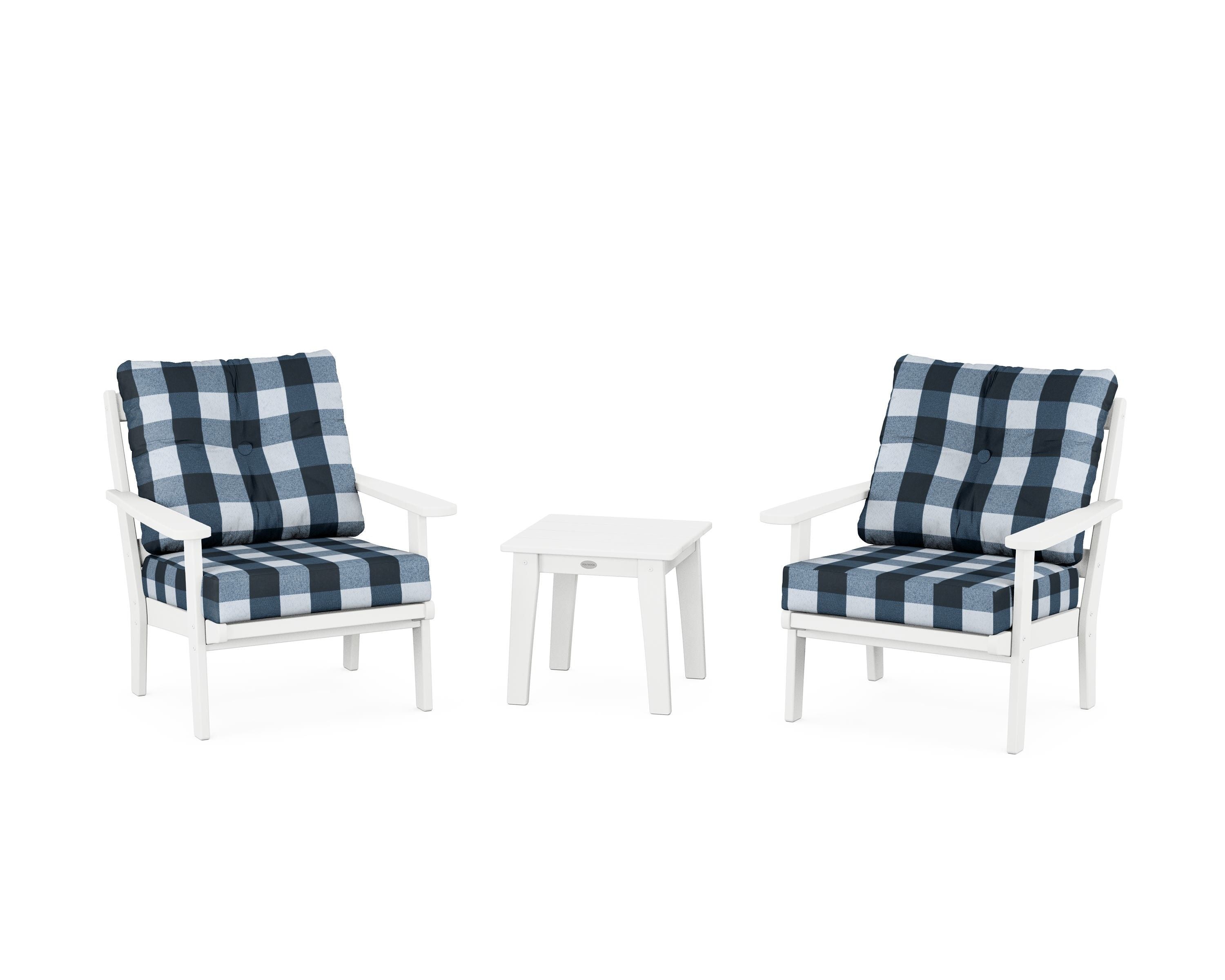 POLYWOOD® Mission 3-Piece Deep Seating Set in White / Buffalo Plaid Marine Indigo