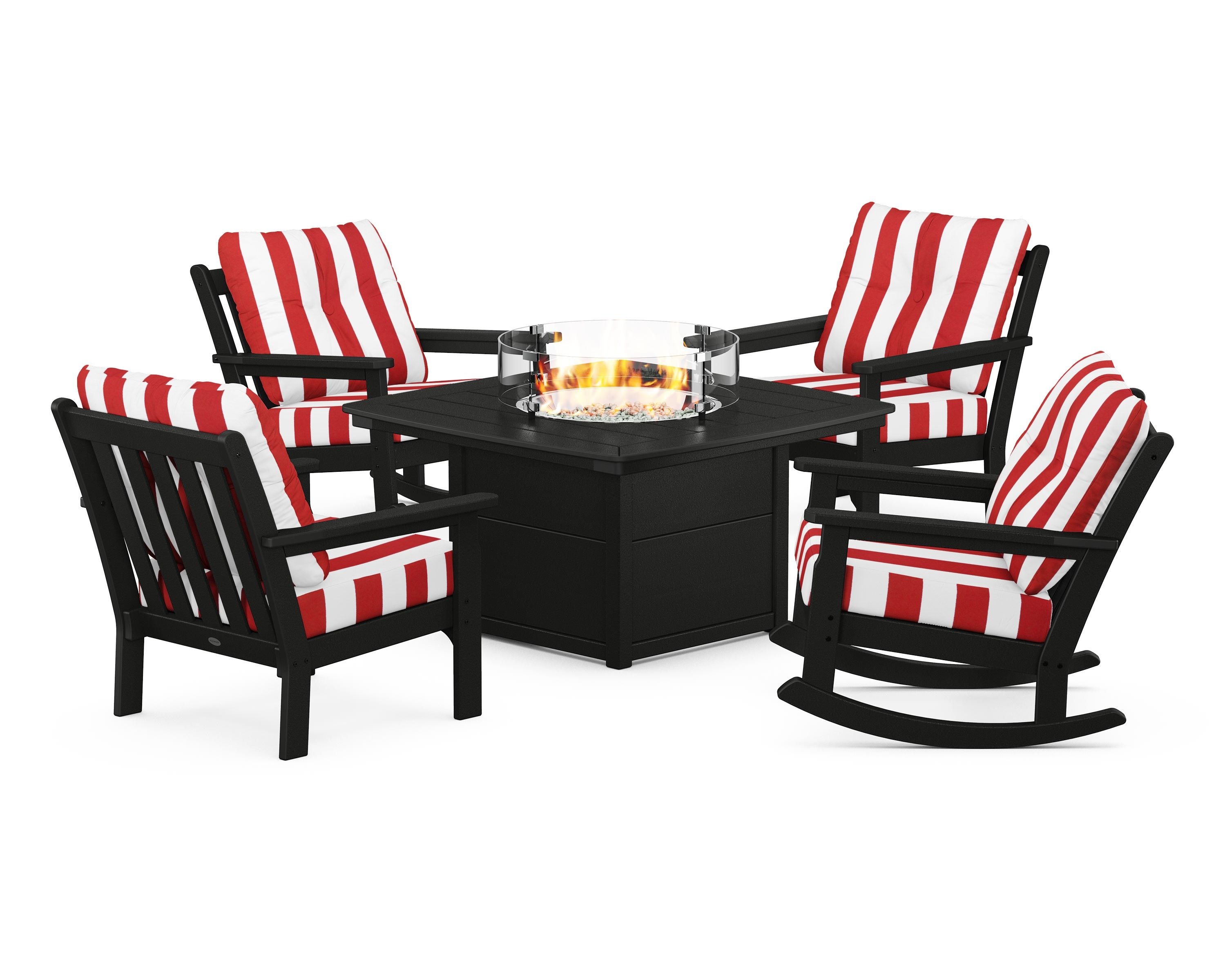 POLYWOOD® Vineyard 5-Piece Deep Seating Rocking Chair Conversation Set with Fire Pit Table in Black / Cabana Stripe Crimson