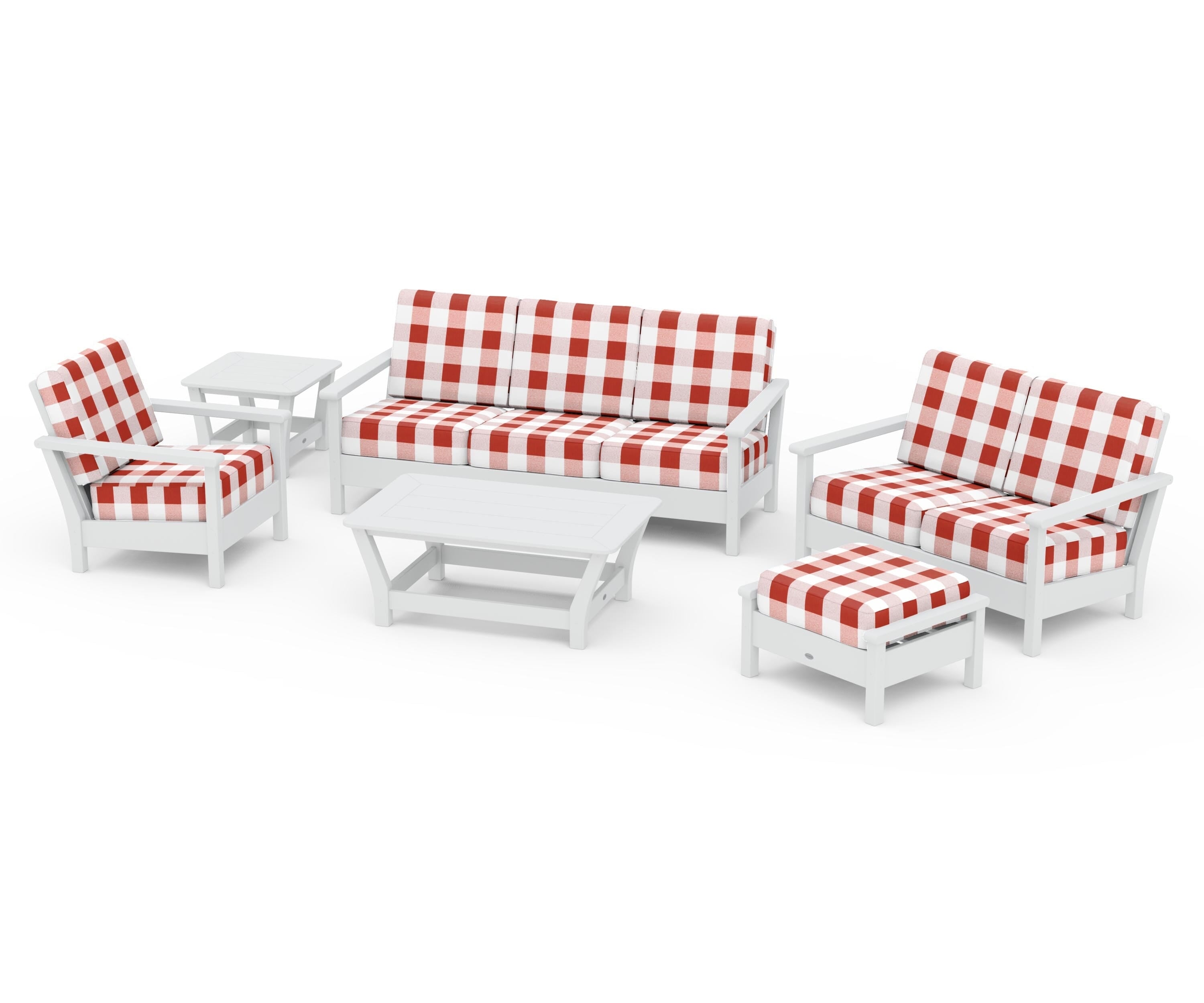 POLYWOOD® Harbour 6-Piece Outdoor Living Set in White / Buffalo Plaid Crimson
