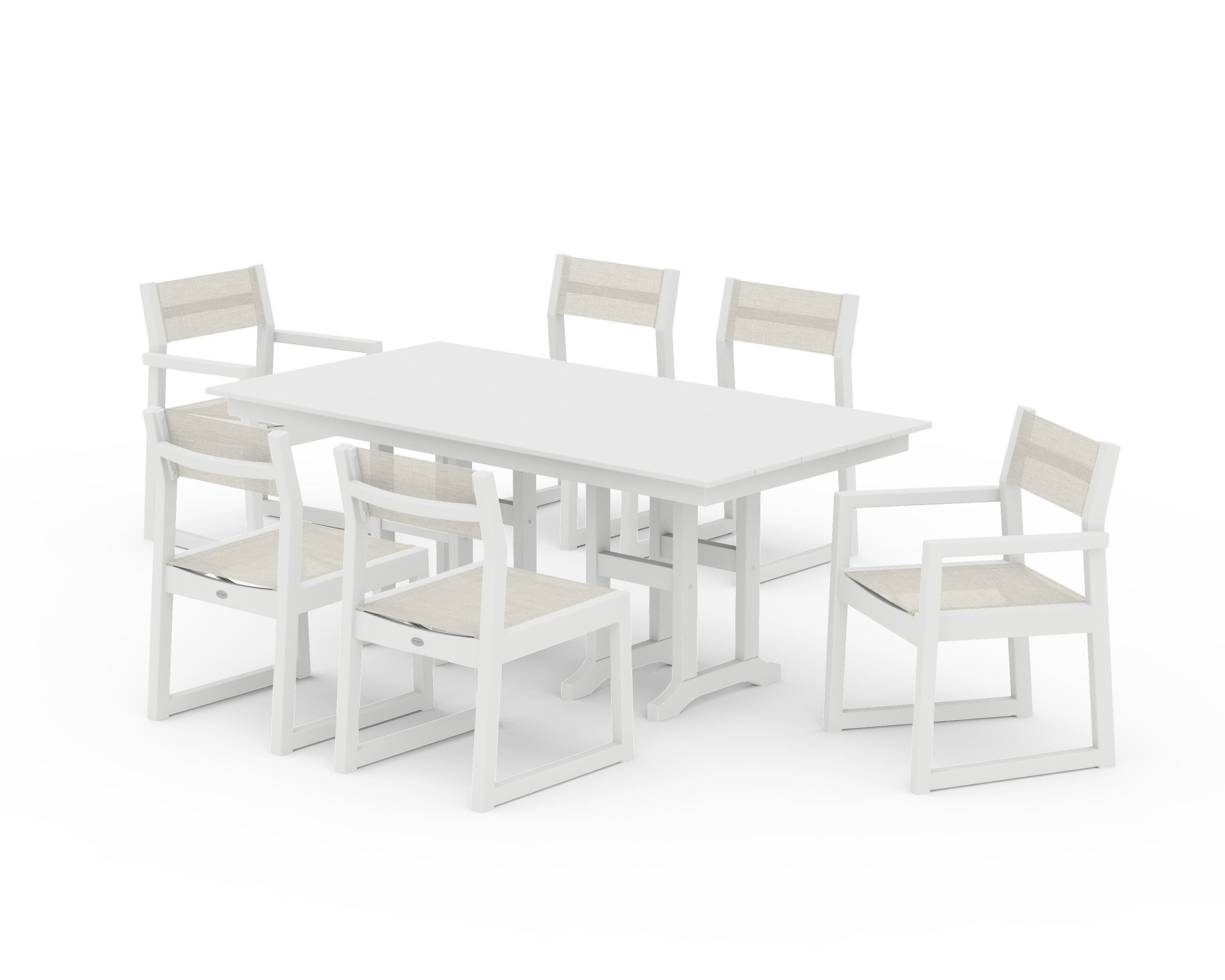 POLYWOOD® EDGE Sling 7-Piece Farmhouse Dining Set in White / Parchment Sling