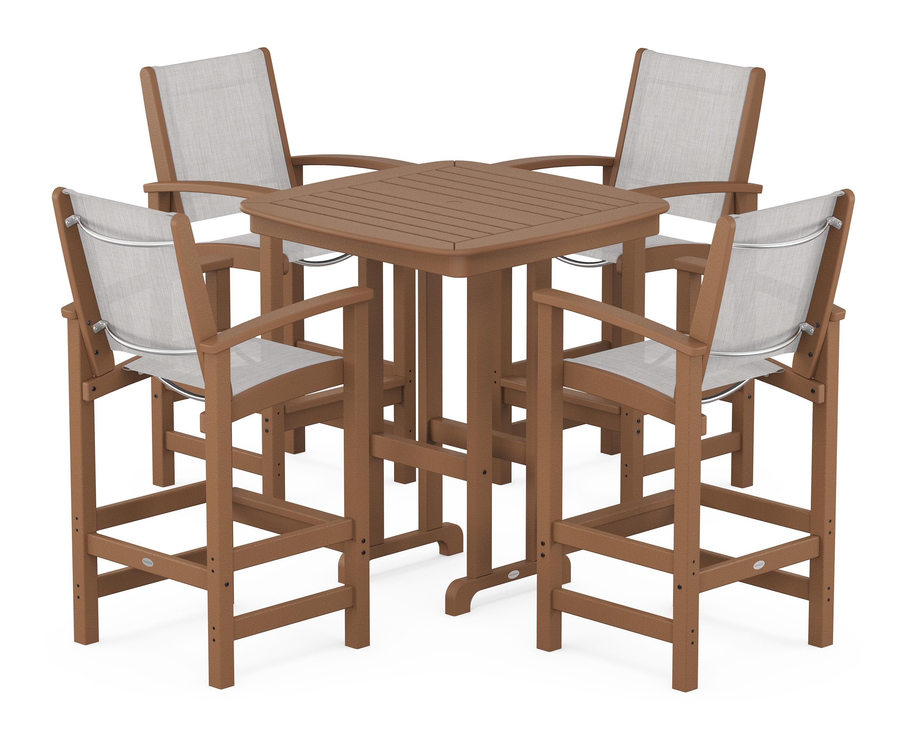 POLYWOOD® Coastal 5-Piece Bar Set in Teak / Parchment Sling