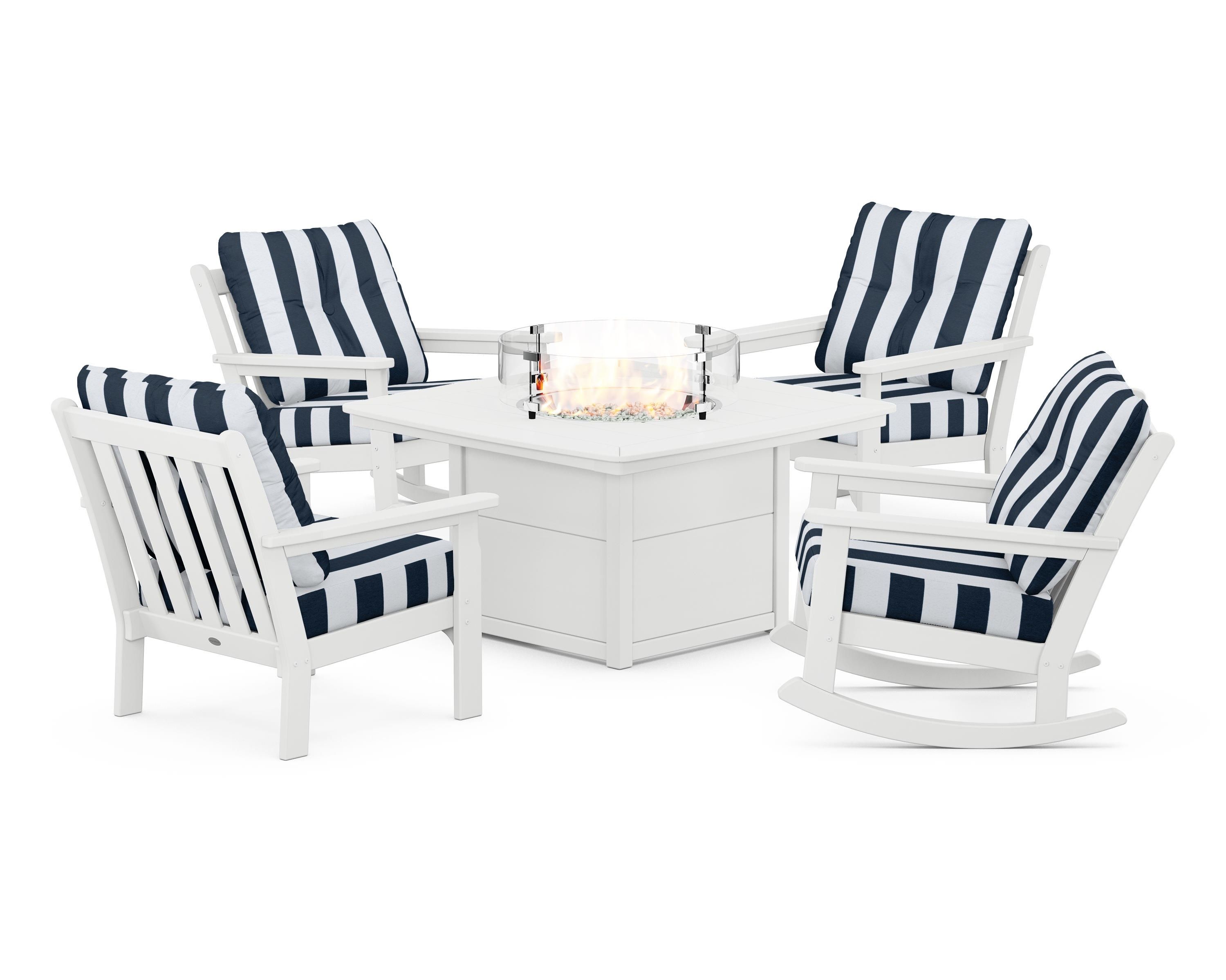 POLYWOOD® Vineyard 5-Piece Deep Seating Rocking Chair Conversation Set with Fire Pit Table in White / Cabana Stripe Marine Indigo