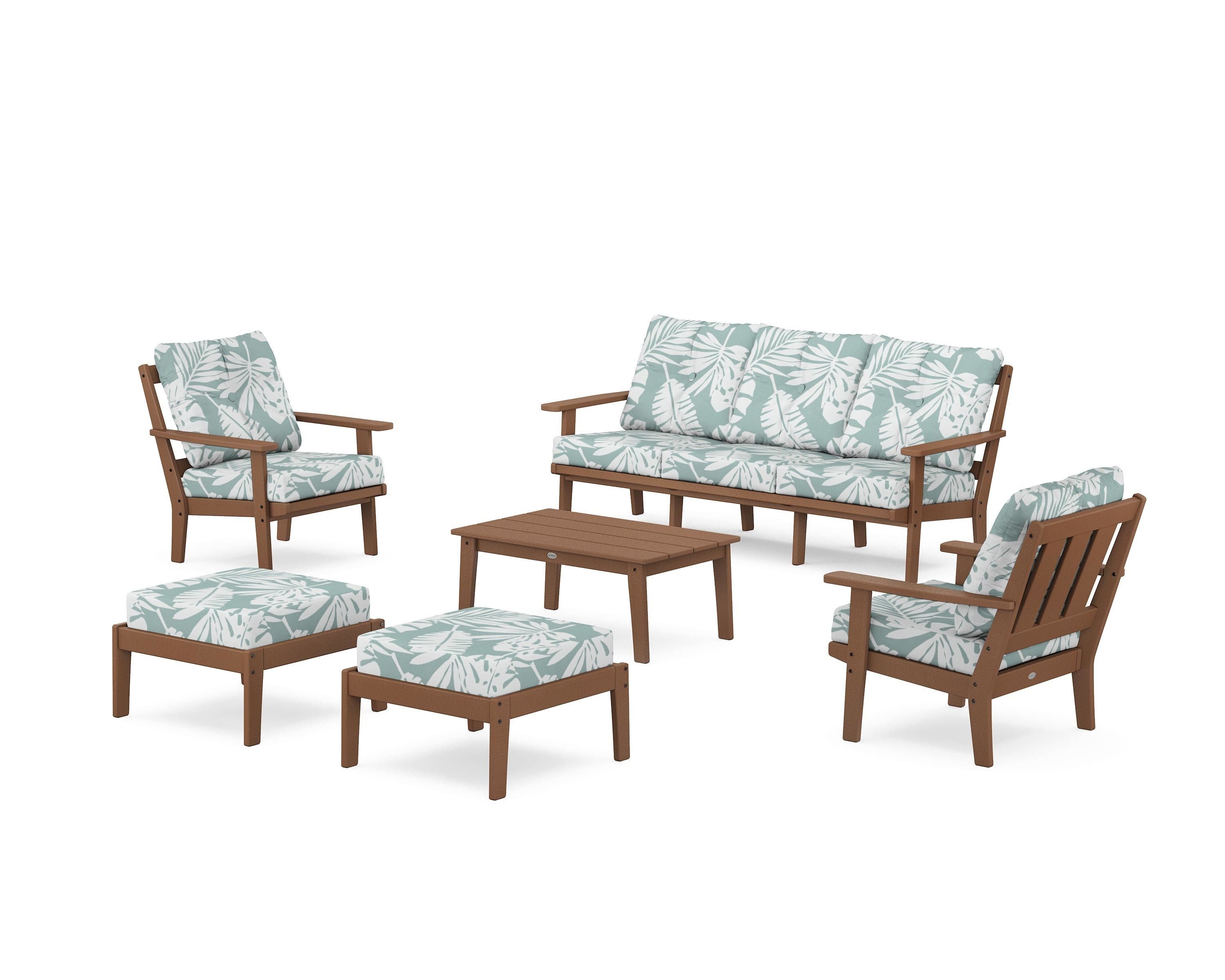 POLYWOOD® Oxford 6-Piece Lounge Sofa Set in Teak / Leaf Glacier Spa