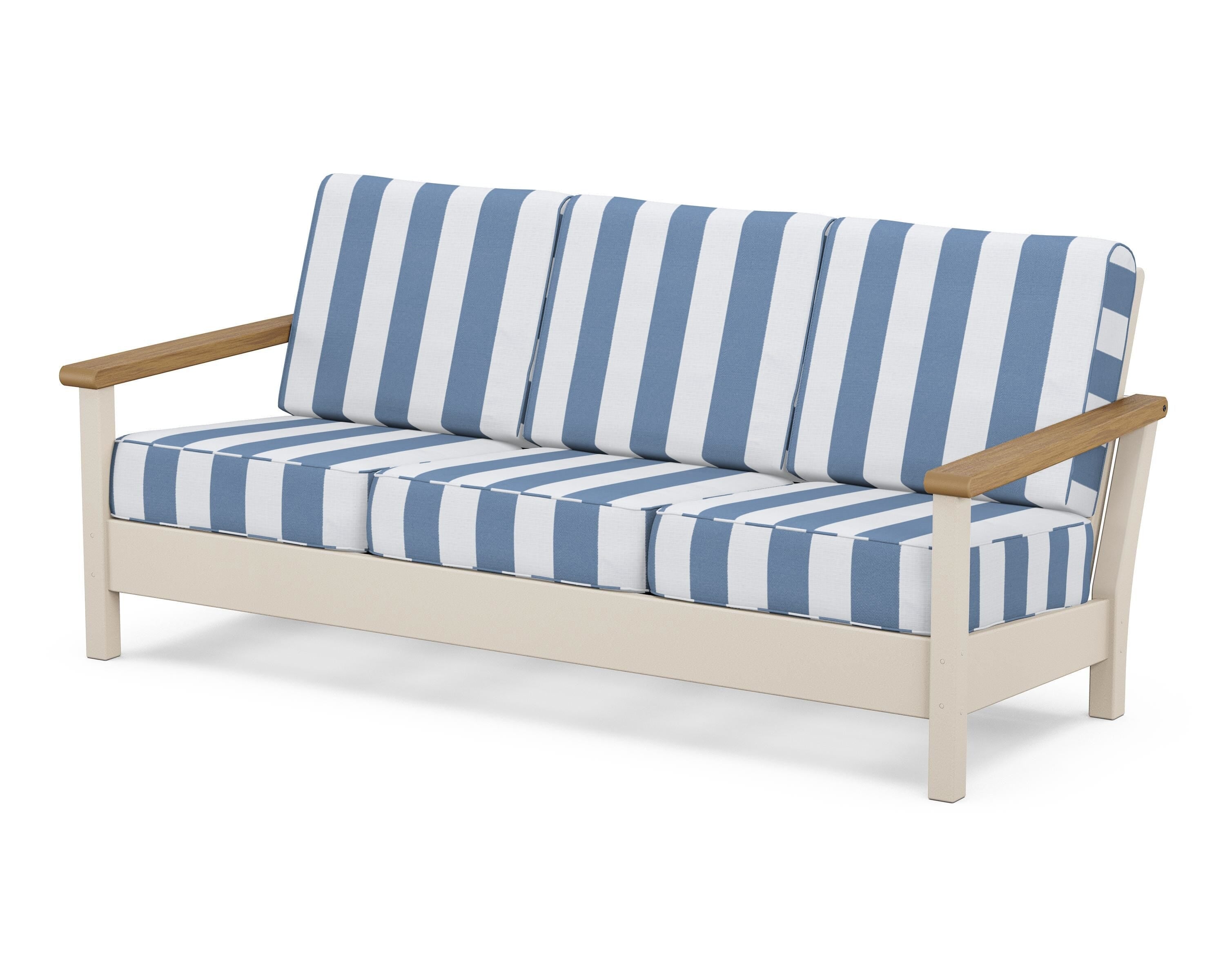 POLYWOOD® Harbour Deep Seating Sofa in Sand / Natural / Cabana Stripe Sky Blue
