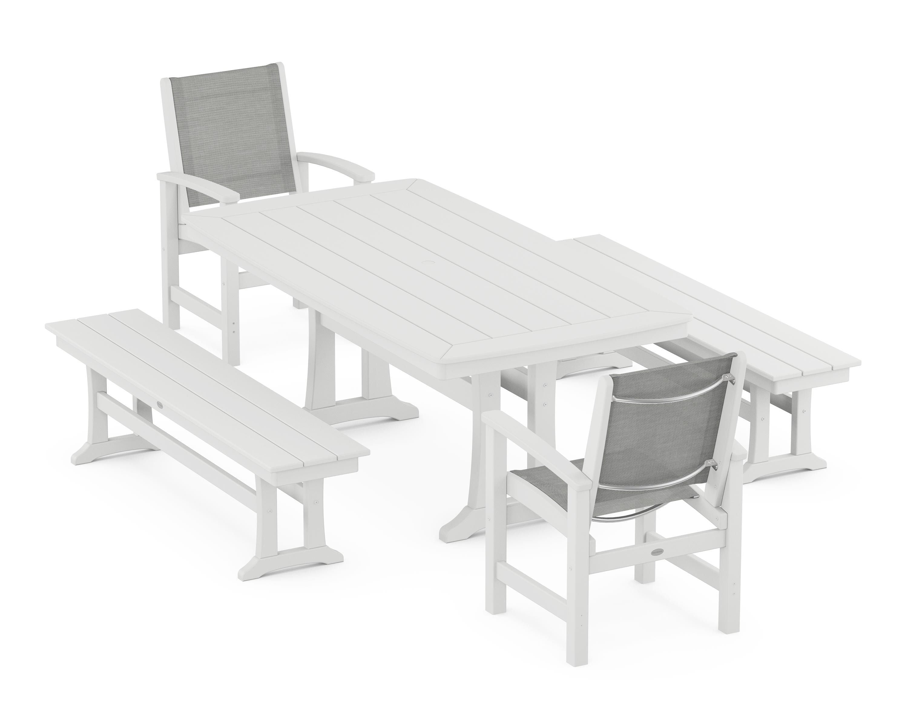 POLYWOOD® Coastal 5-Piece Dining Set with Trestle Legs and Benches in White / Metallic Sling
