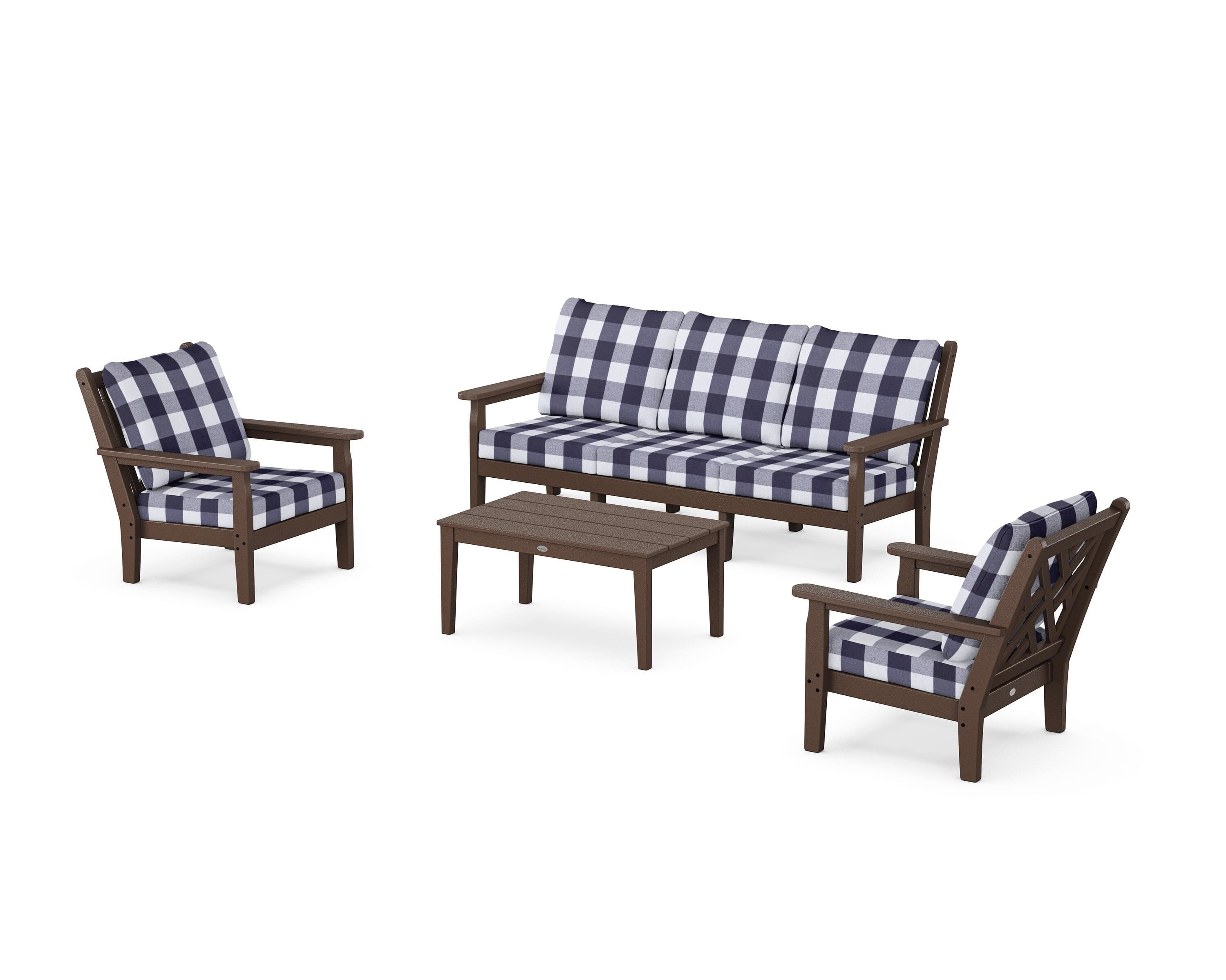 POLYWOOD® Chippendale 4-Piece Deep Seating Set with Sofa in Mahogany / Buffalo Plaid Navy