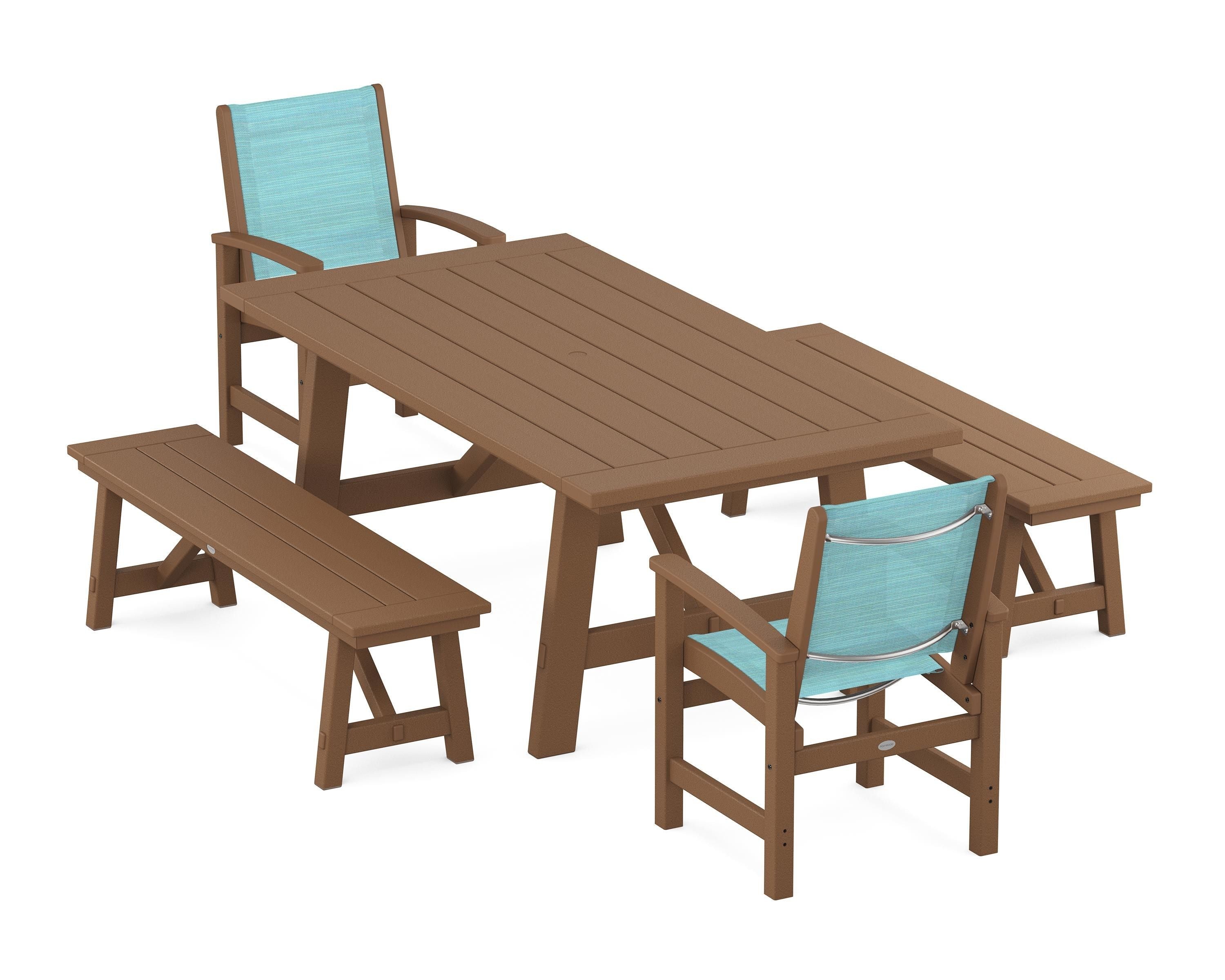 POLYWOOD® Coastal 5-Piece Rustic Farmhouse Dining Set With Benches in Teak / Dupioni Aquamarine Sling