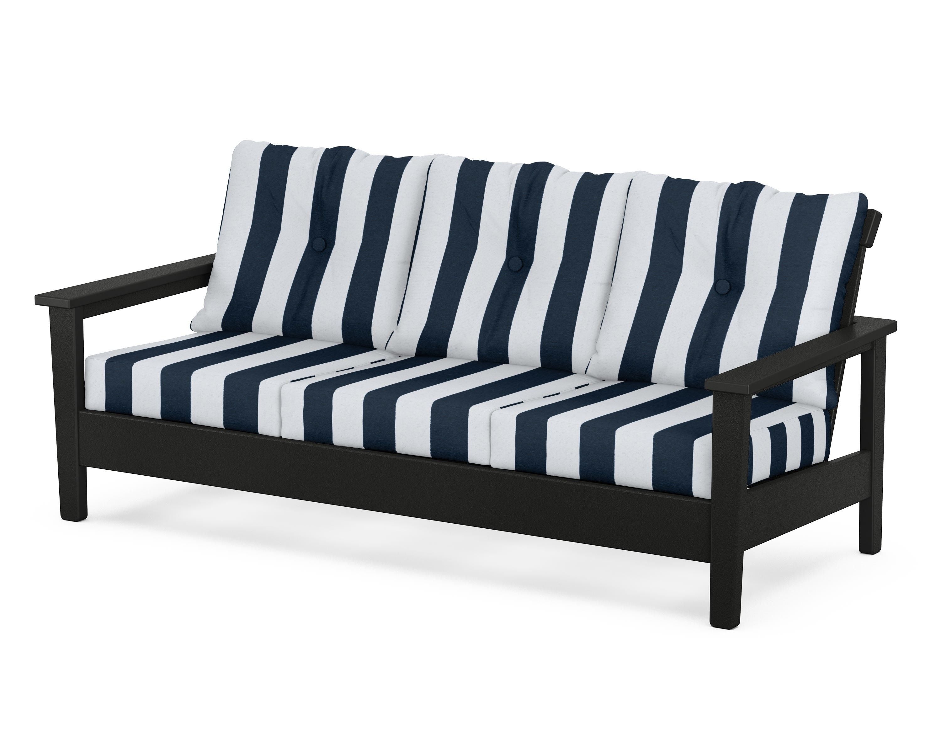 POLYWOOD® Prescott Deep Seating Sofa in Black / Cabana Stripe Marine Indigo