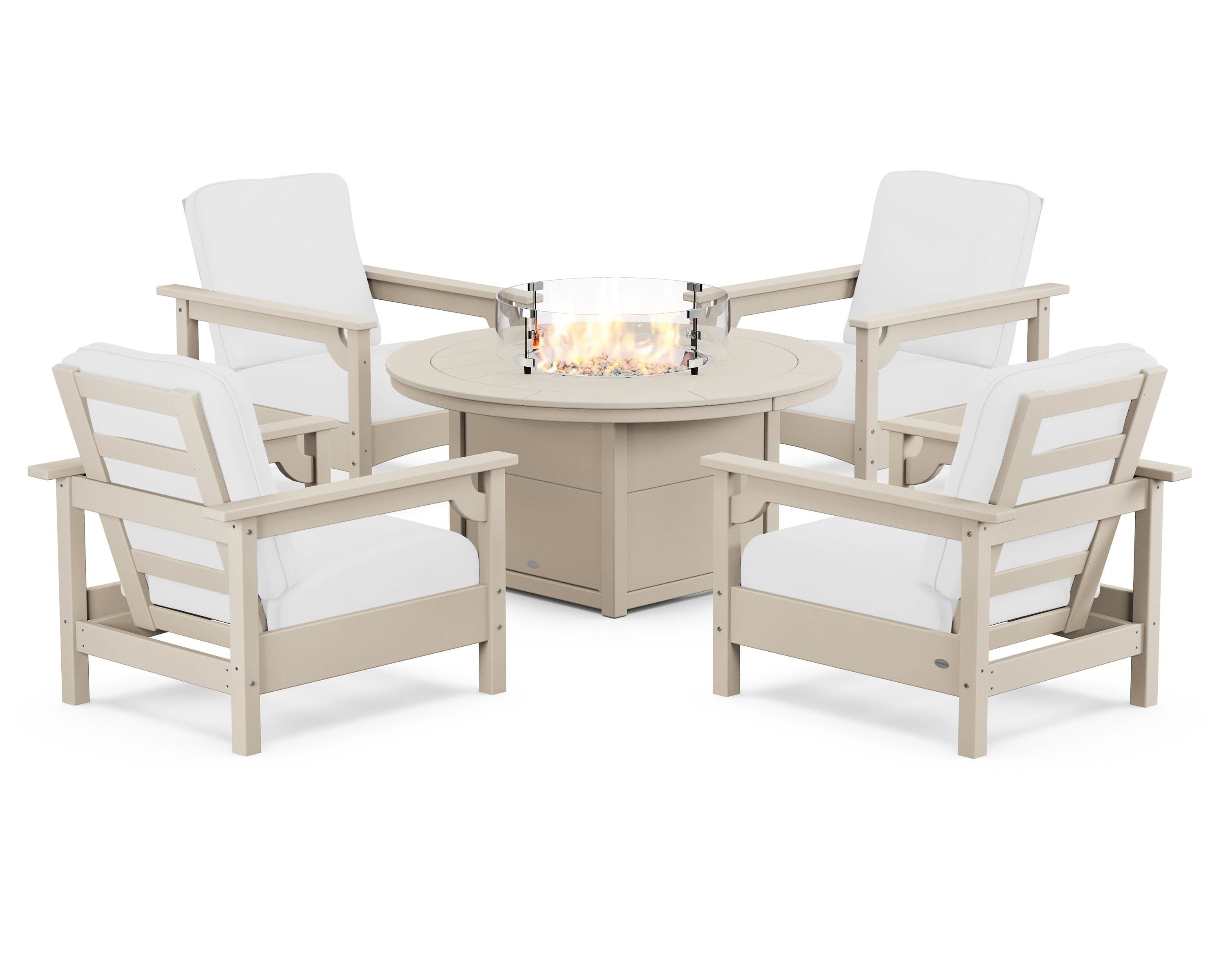 POLYWOOD® Club 5-Piece Conversation Set with Fire Pit Table in Sand / Natural