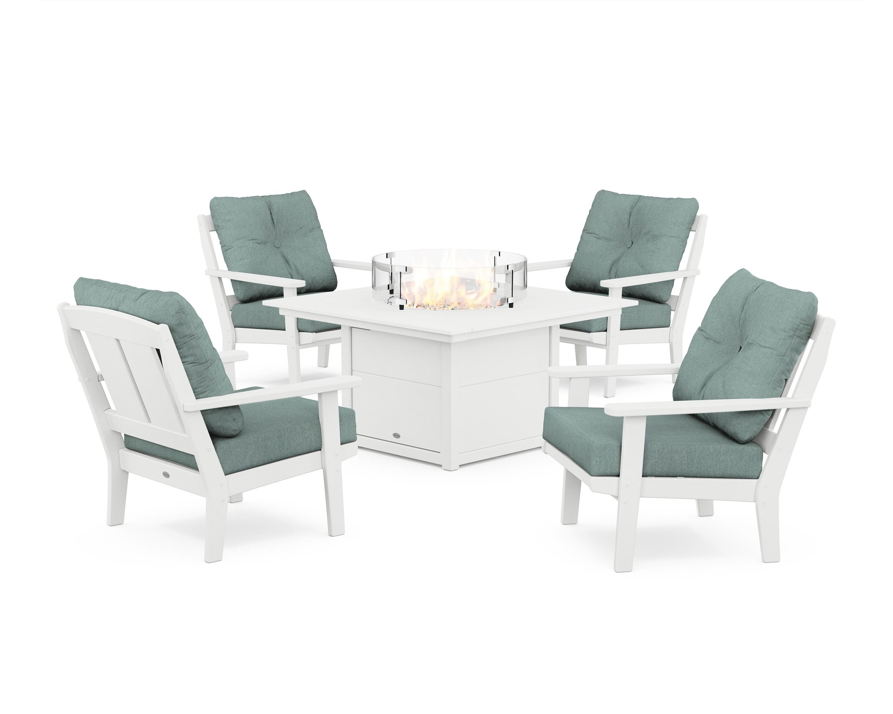 POLYWOOD® Mission 5-Piece Deep Seating Set with Fire Pit Table in White / Glacier Spa