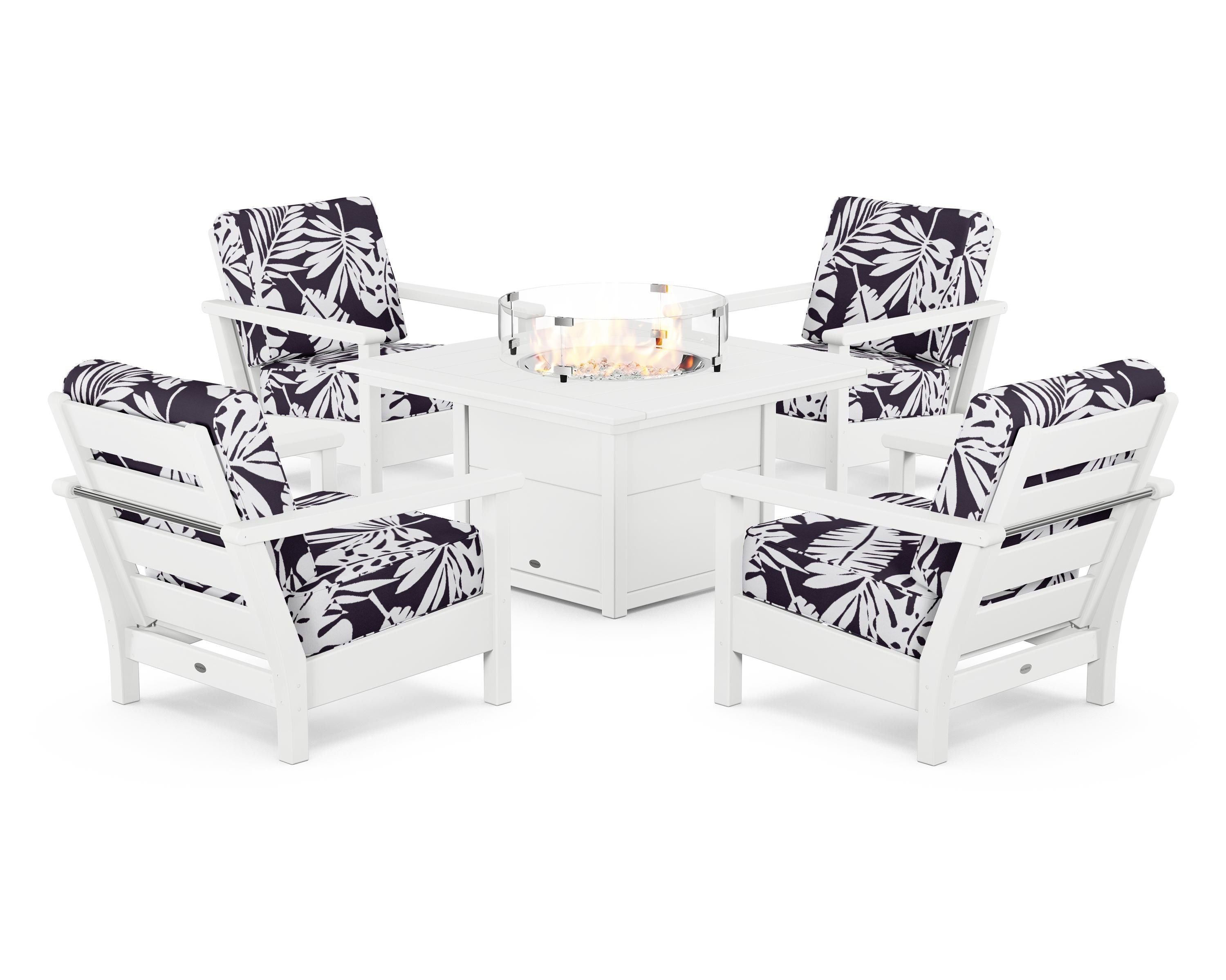 POLYWOOD® Harbour 5-Piece Conversation Set with Fire Pit Table in White / Leaf Navy