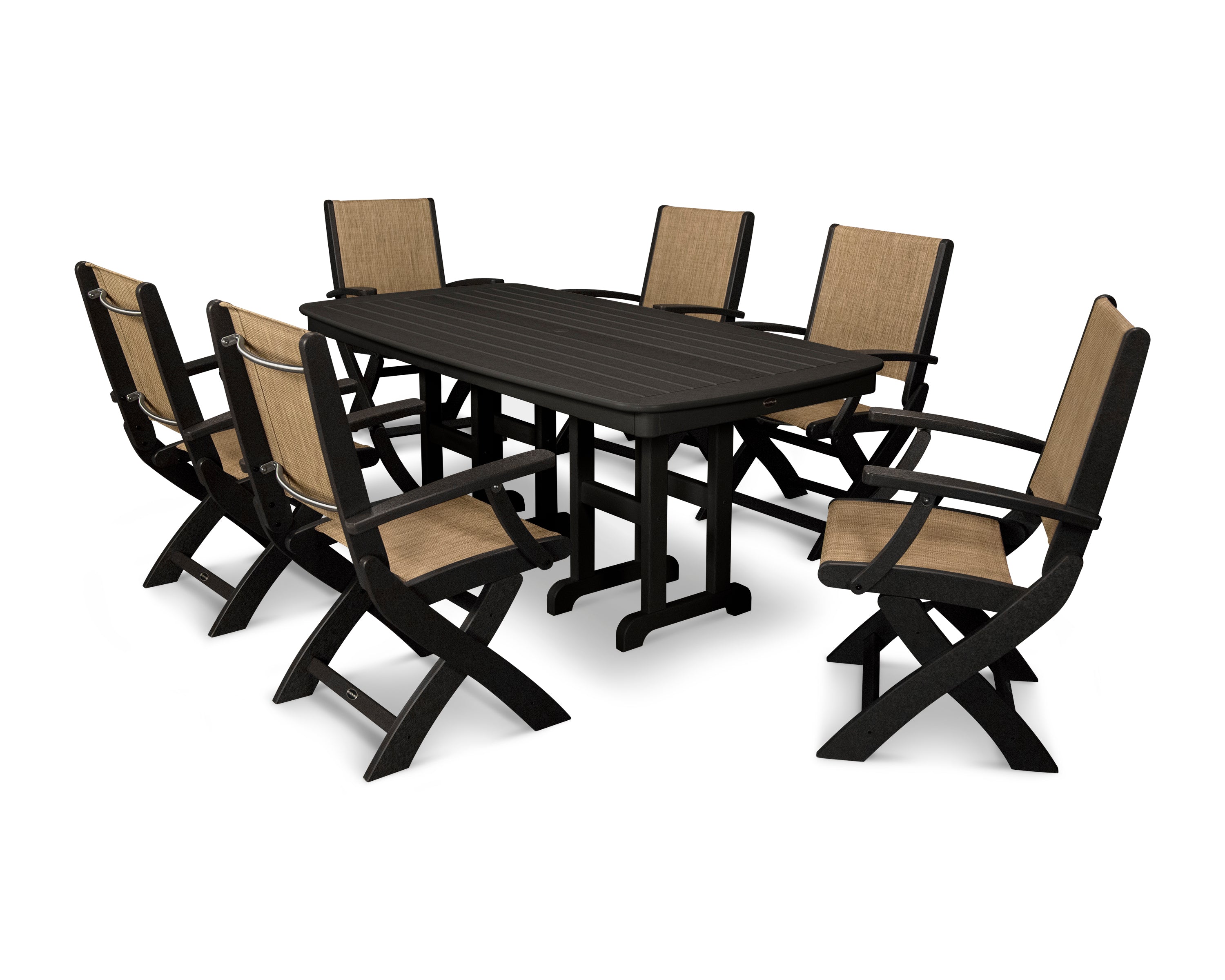 POLYWOOD® Coastal Folding Arm Chair 7-Piece Dining Set in Black / Burlap Sling