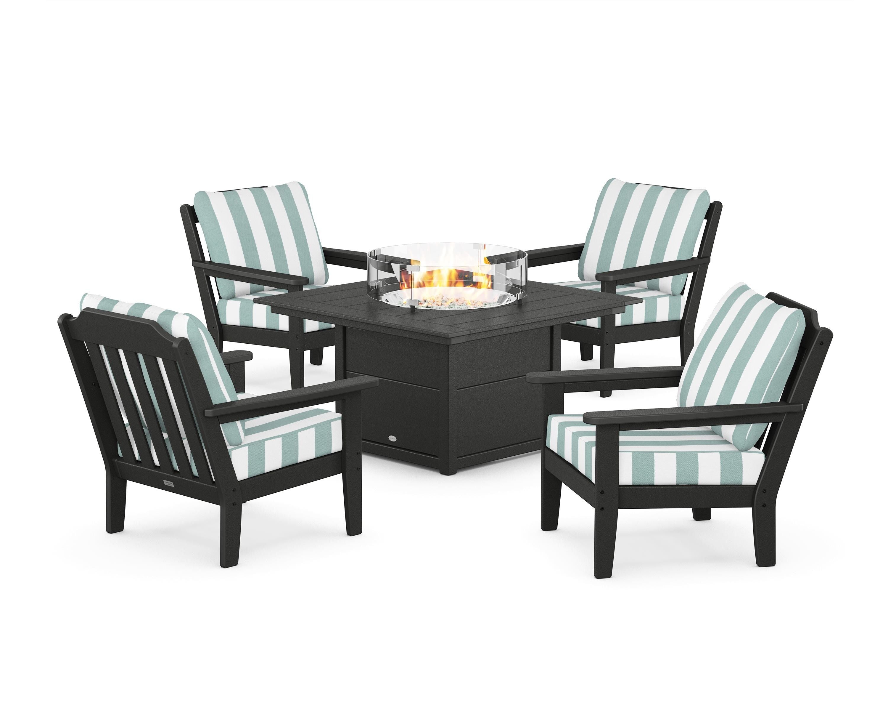 Country Living Cottage 5-Piece Deep Seating Set with Fire Pit Table in Black / Cabana Stripe Glacier Spa