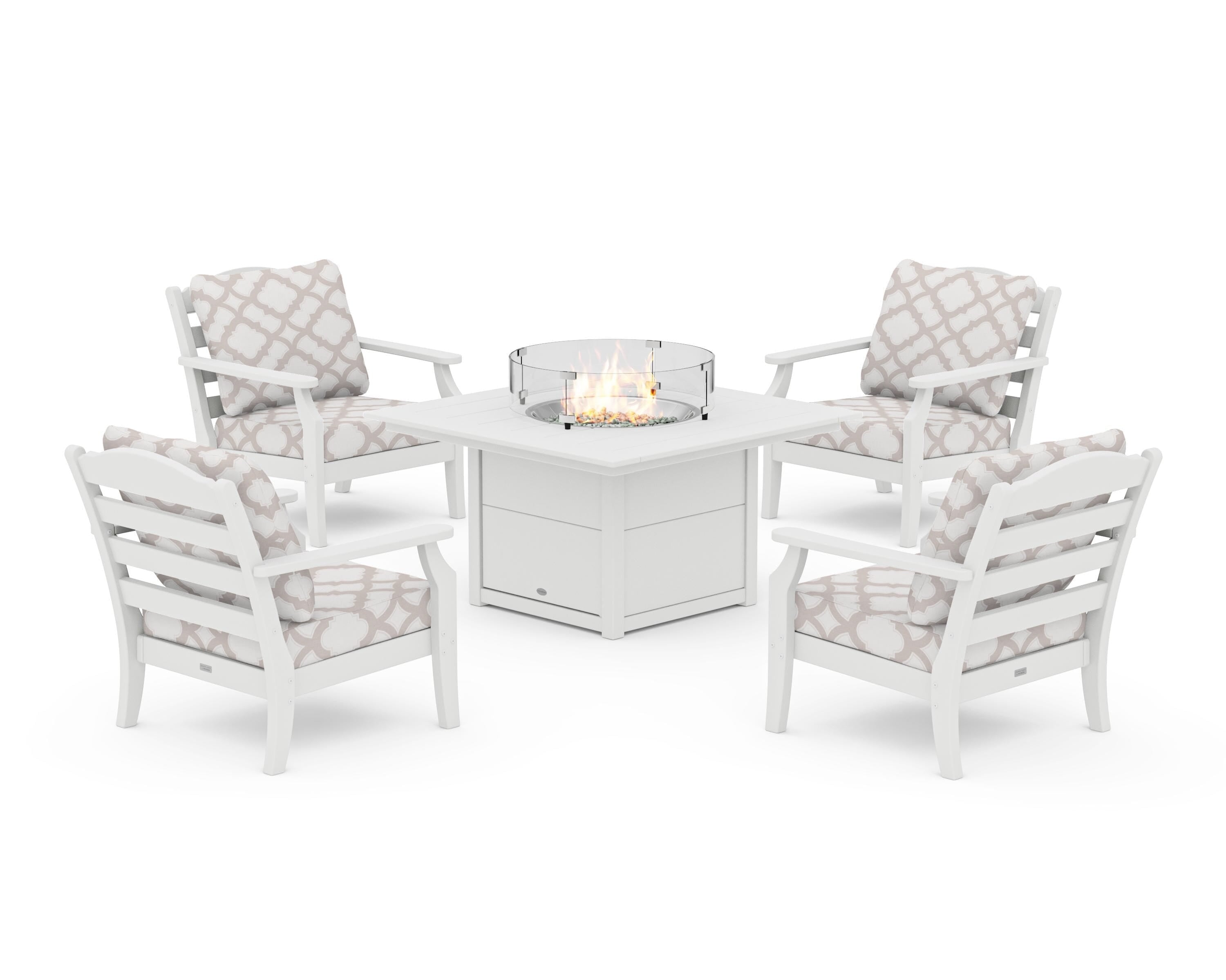 Draper James™ by POLYWOOD® Savannah 5-Piece Deep Seating Set with Fire Pit Table in White / Trellis Dune Burlap