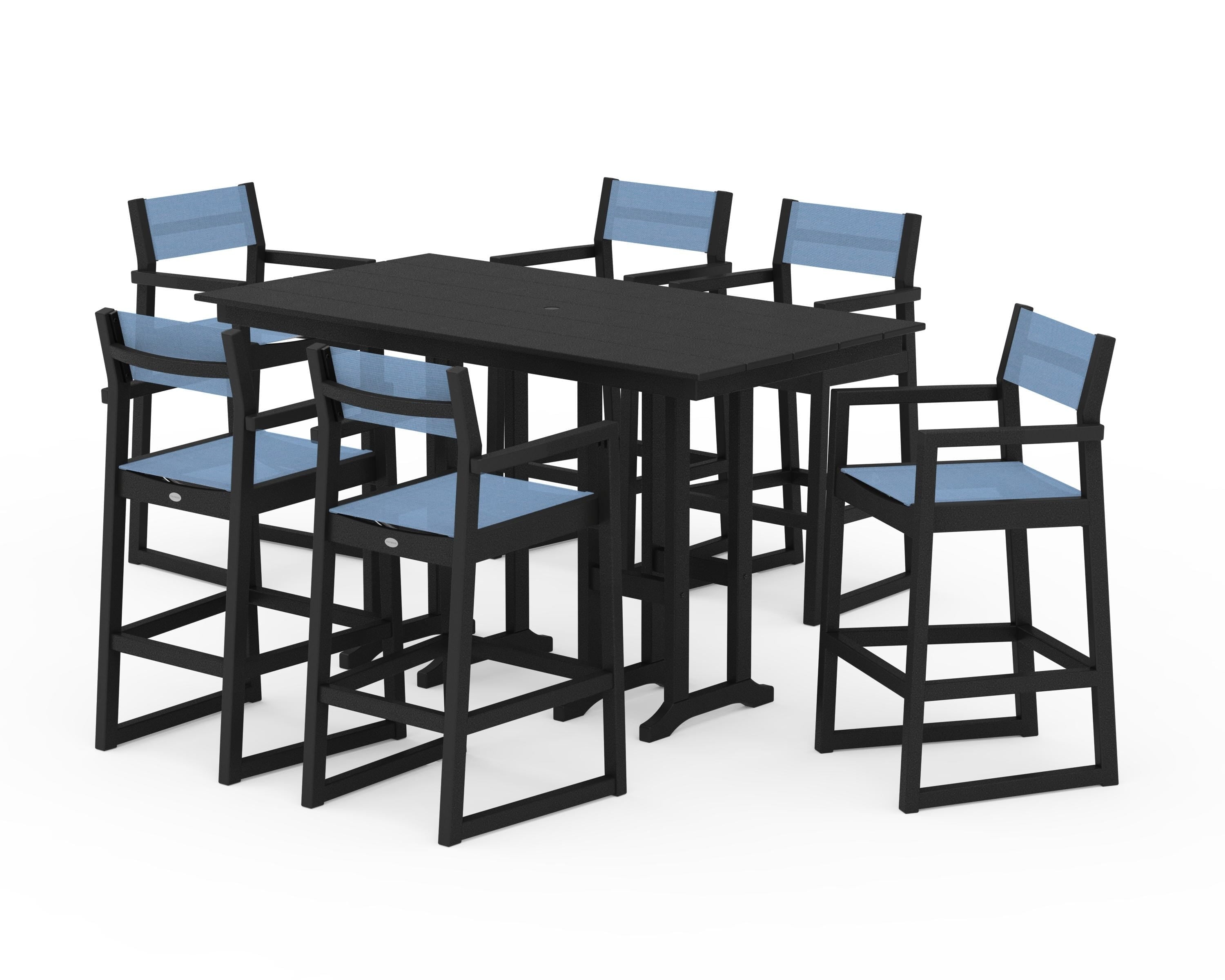POLYWOOD® EDGE Sling Arm Chair 7-Piece Farmhouse Bar Set in Black / Poolside Sling