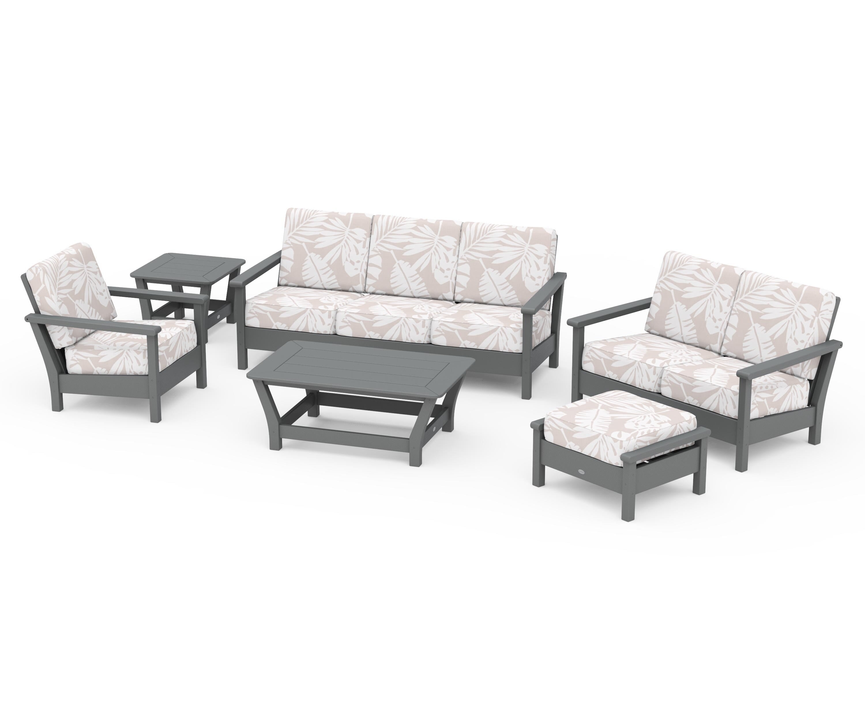 POLYWOOD® Harbour 6-Piece Outdoor Living Set in Slate Grey / Leaf Dune Burlap